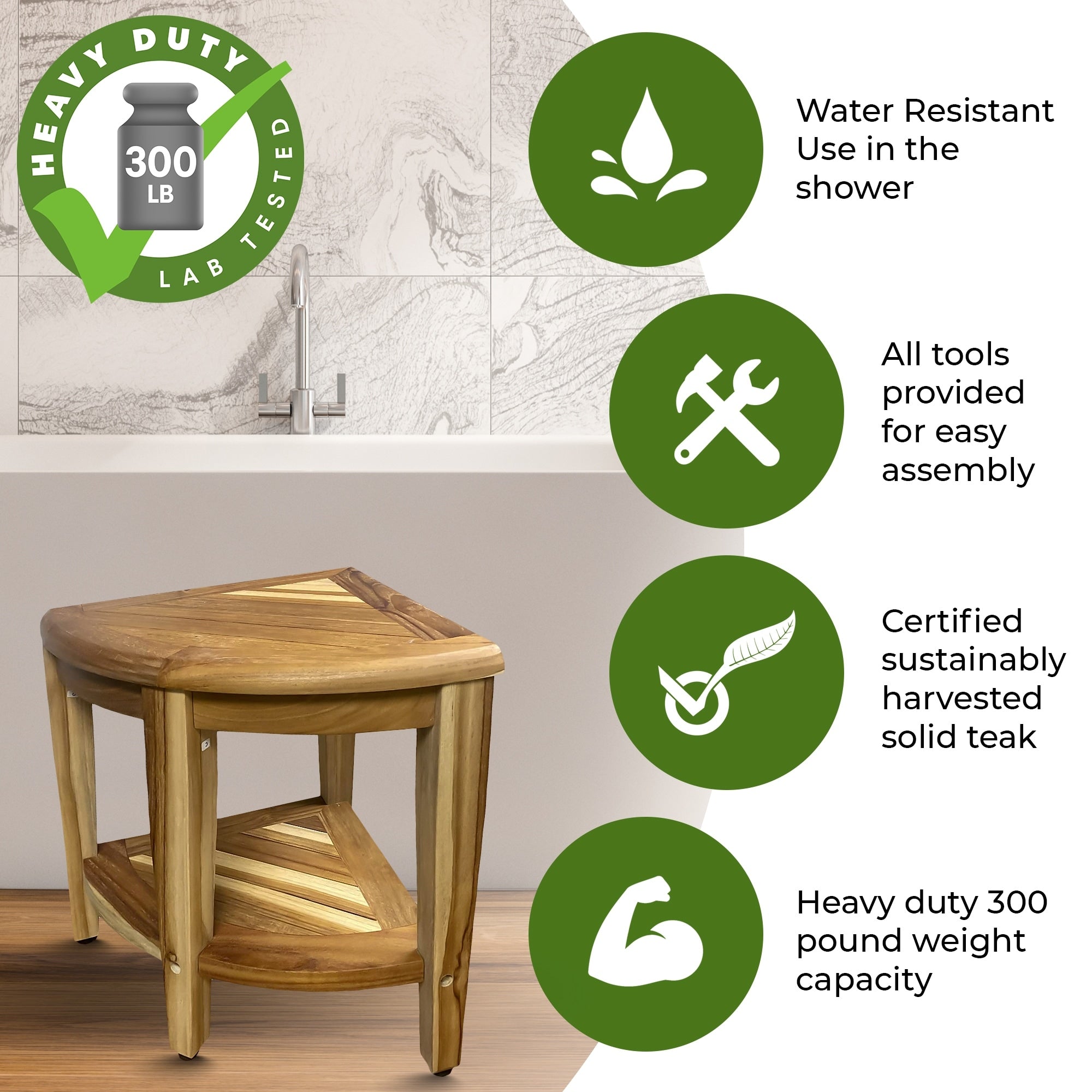 EcoDecors, Banc de douche élégant en teck, Tabouret de douche en teck, Tabouret d'angle, Banc de douche d'angle en teck, Avec étagère