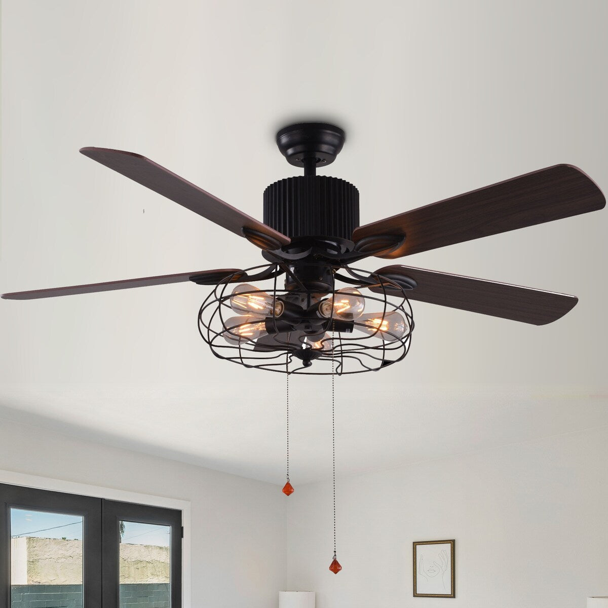 Ventilateur de plafond industriel CurveCurio Farmhouse noir à 5 lumières avec éclairage, télécommande et chaîne de traction 42-48-52 pouces