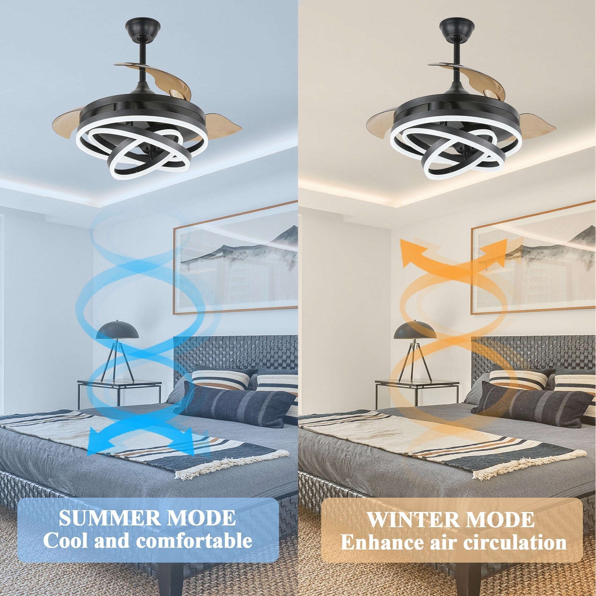 Ventilateur de plafond rétractable Cusp Barn 42 avec lumières et télécommande DIY Forme Fandelier Moderne Silencieux Moteur CC Plafonnier LED