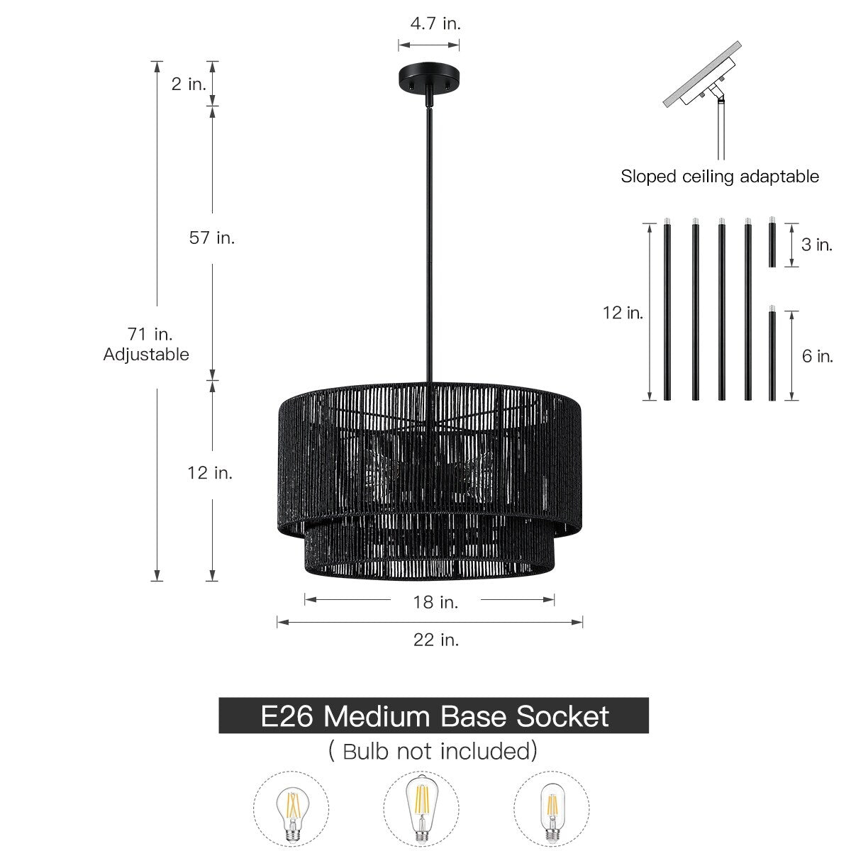 Lustre tambour en rotin noir à 4 lumières Cynthia - 22 po de largeur