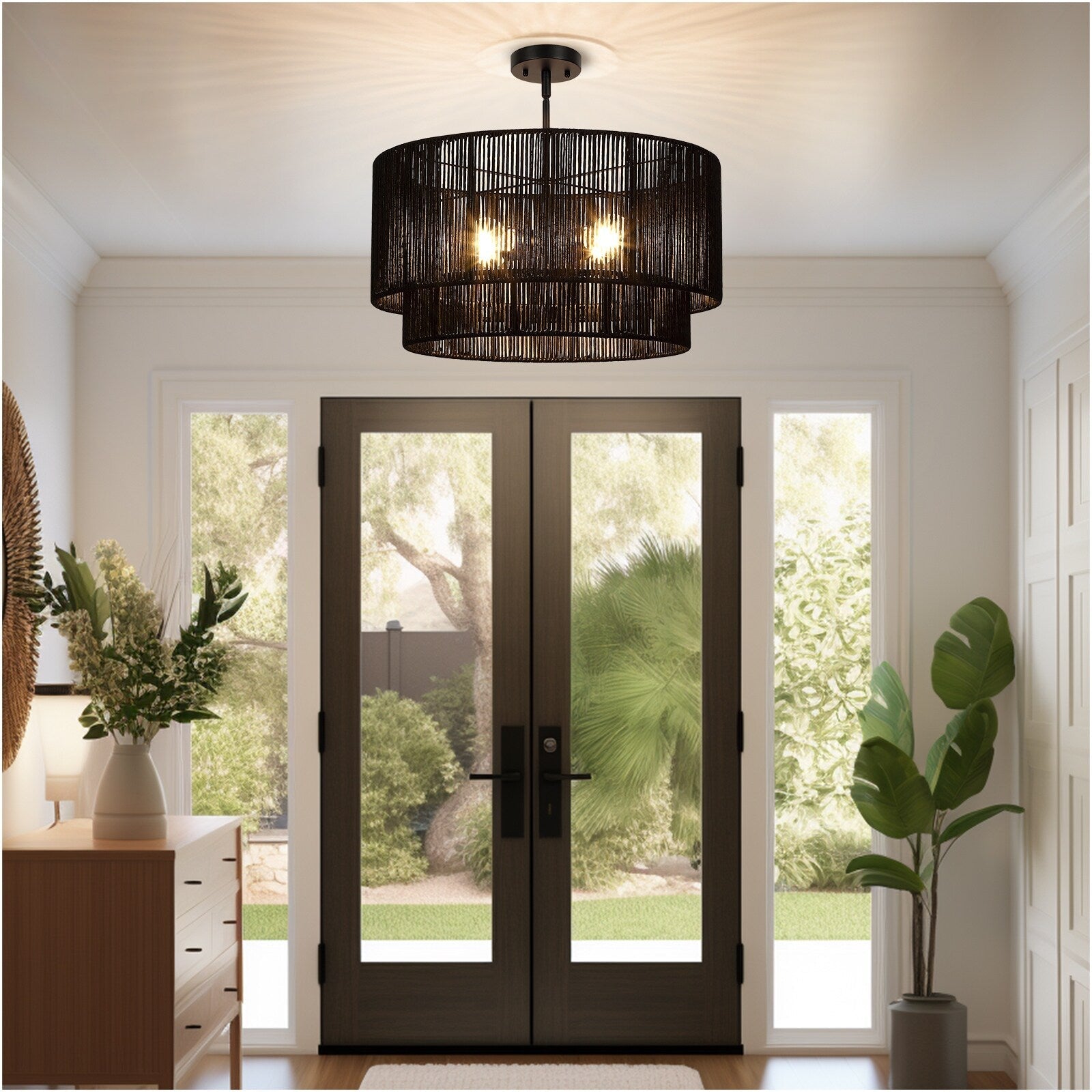 Lustre tambour en rotin noir à 4 lumières Cynthia - 22 po de largeur