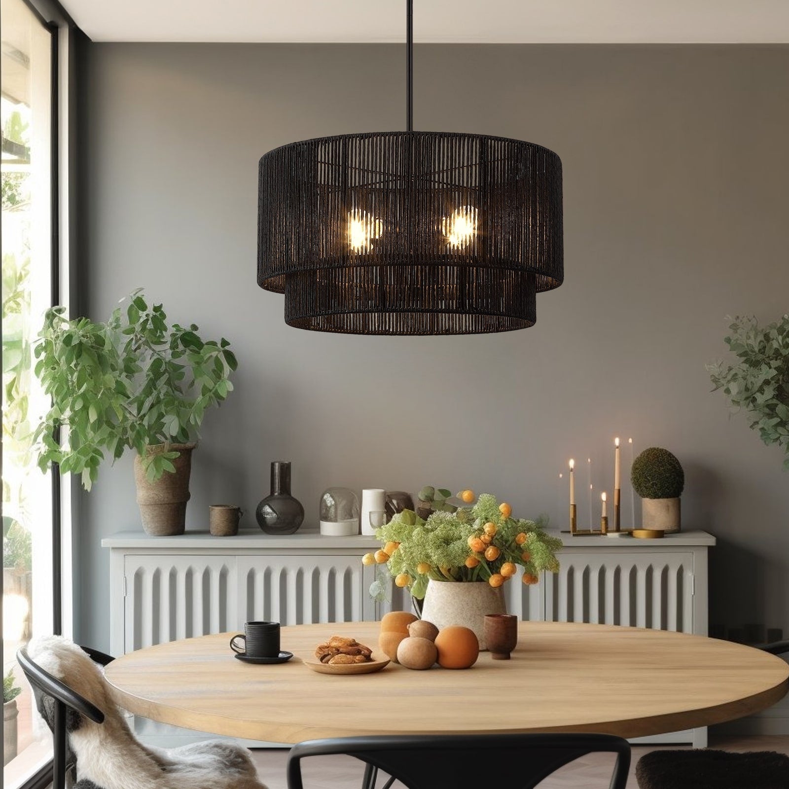 Lustre tambour en rotin noir à 4 lumières Cynthia - 22 po de largeur