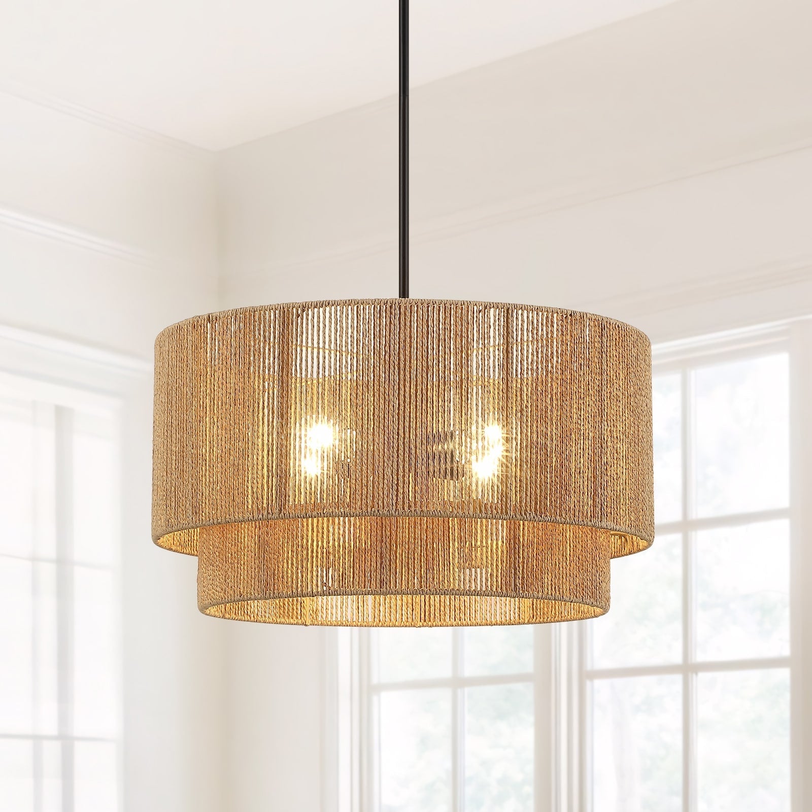 Lustre tambour en rotin naturel à 4 lumières Cynthia - 22 po de largeur