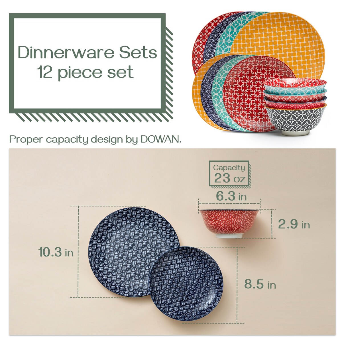 Ensemble d'assiettes et de bols en céramique DOWAN, service de table 12 pièces pour décoration de Noël, service de vaisselle coloré pour 4 personnes