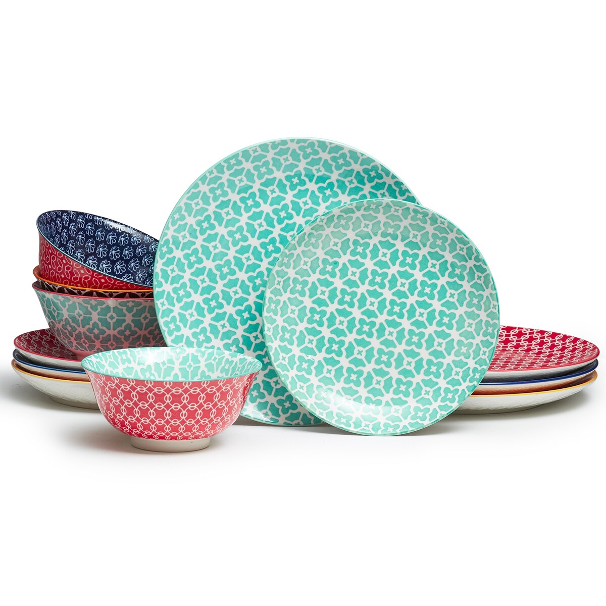 Ensemble d'assiettes et de bols en céramique DOWAN, service de table 12 pièces pour décoration de Noël, service de vaisselle coloré pour 4 personnes