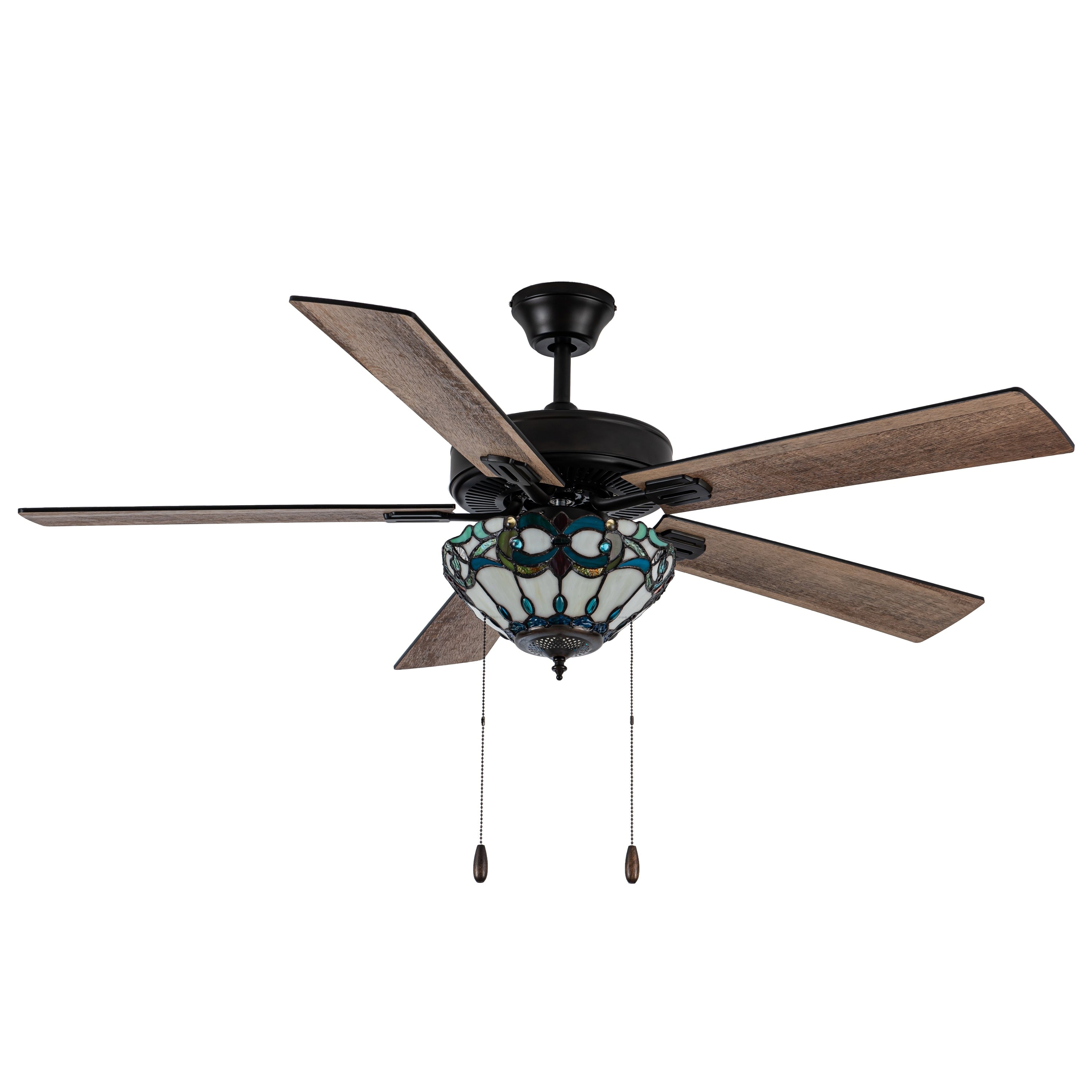 Ventilateur de plafond télécommandé à 3 lumières, 52 pouces, bronze huilé et vitrail, Della River of Goods