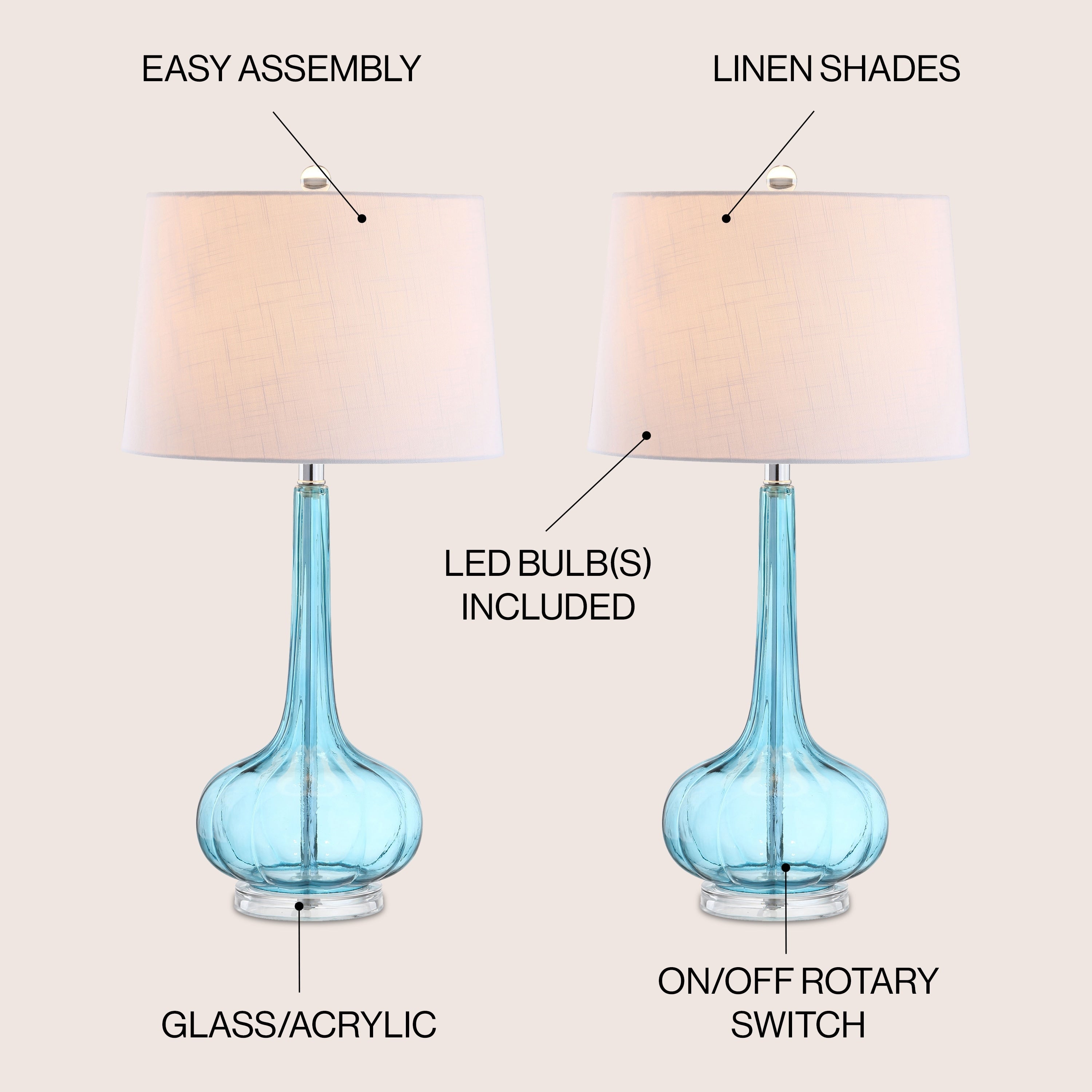 Lampe de table à LED Diamante 28,5 en verre, forme goutte d'eau, rose (lot de 2) par JONATHAN Y