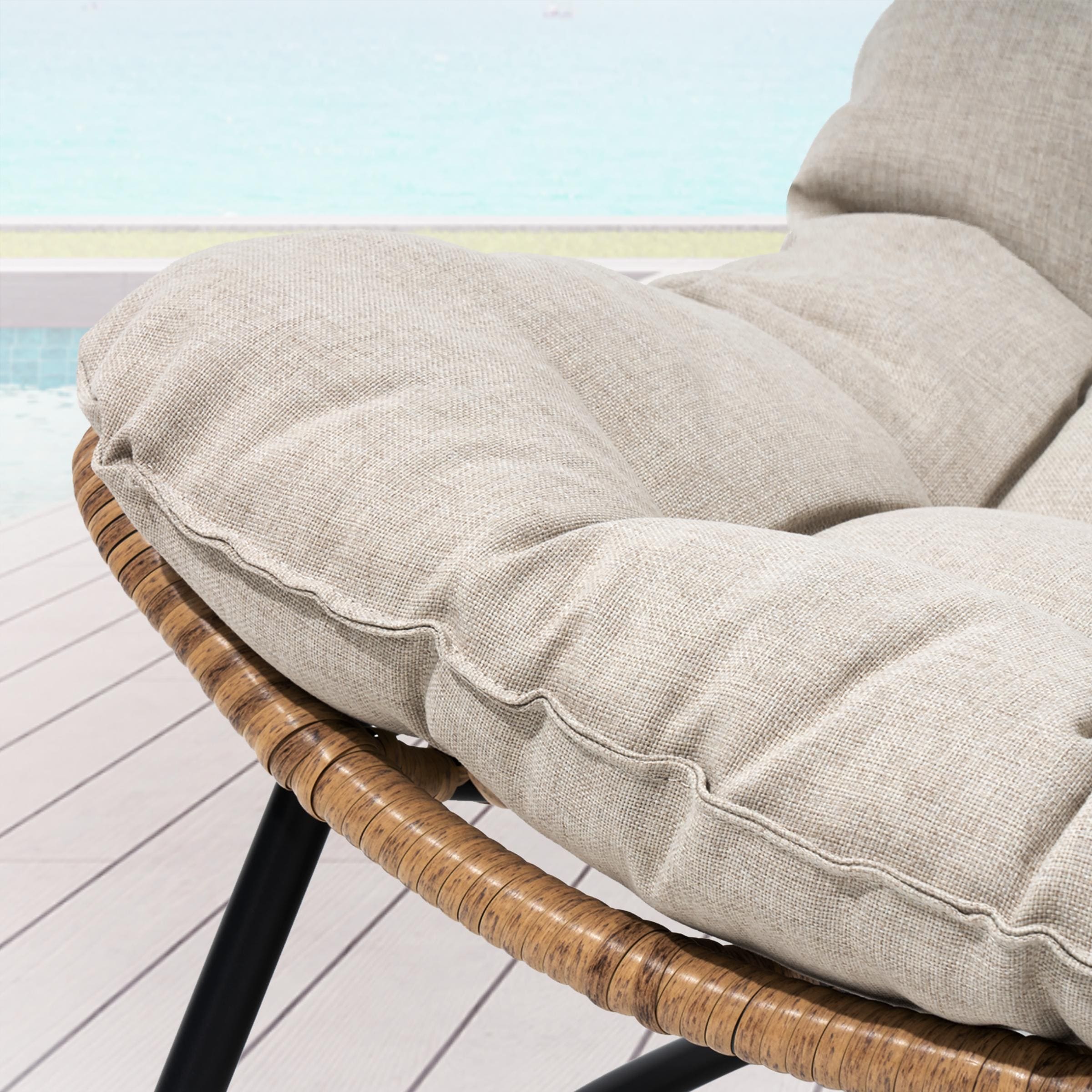 Fauteuil Papasan double avec coussin, rotin PE toutes saisons et cadre en métal pour intérieur et extérieur