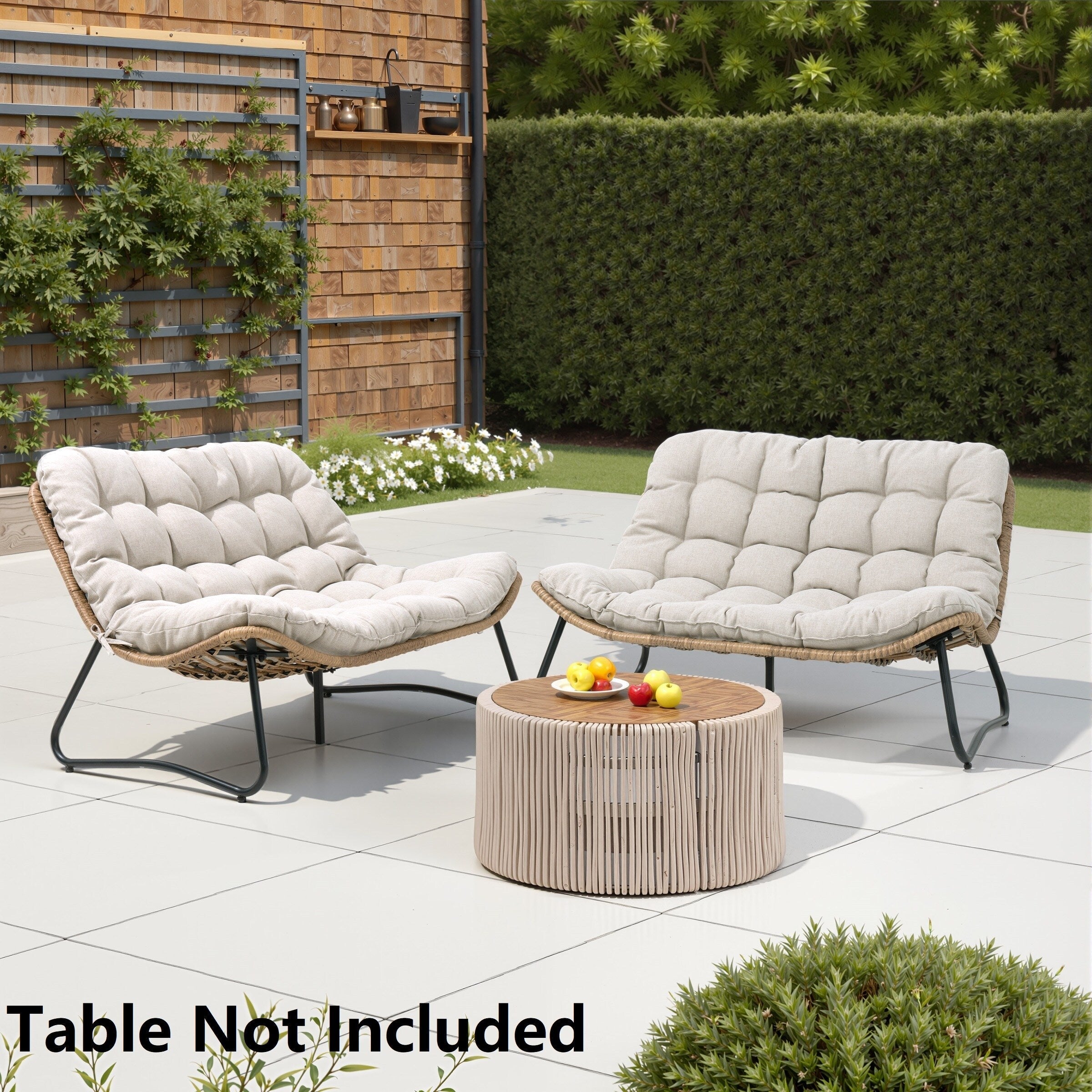 Fauteuil Papasan double avec coussin, rotin PE toutes saisons et cadre en métal pour intérieur et extérieur