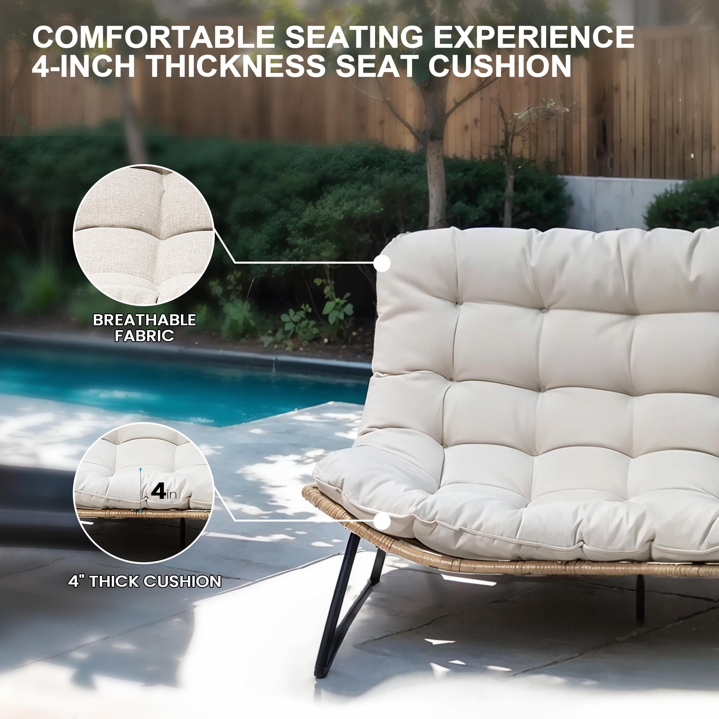 Fauteuil Papasan double avec coussin, rotin PE toutes saisons et cadre en métal pour intérieur et extérieur