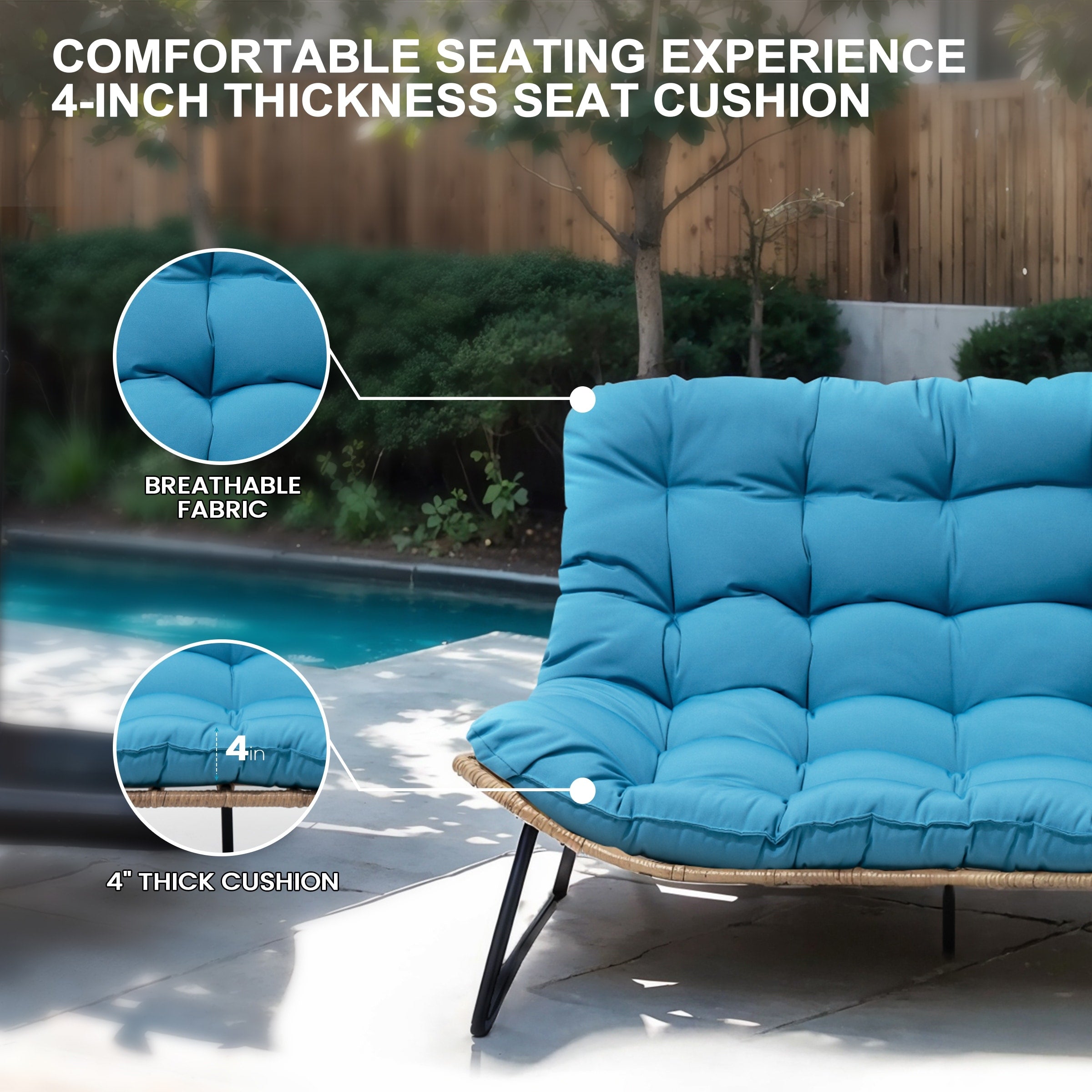Fauteuil Papasan double avec coussin, rotin PE toutes saisons et cadre en métal pour intérieur et extérieur