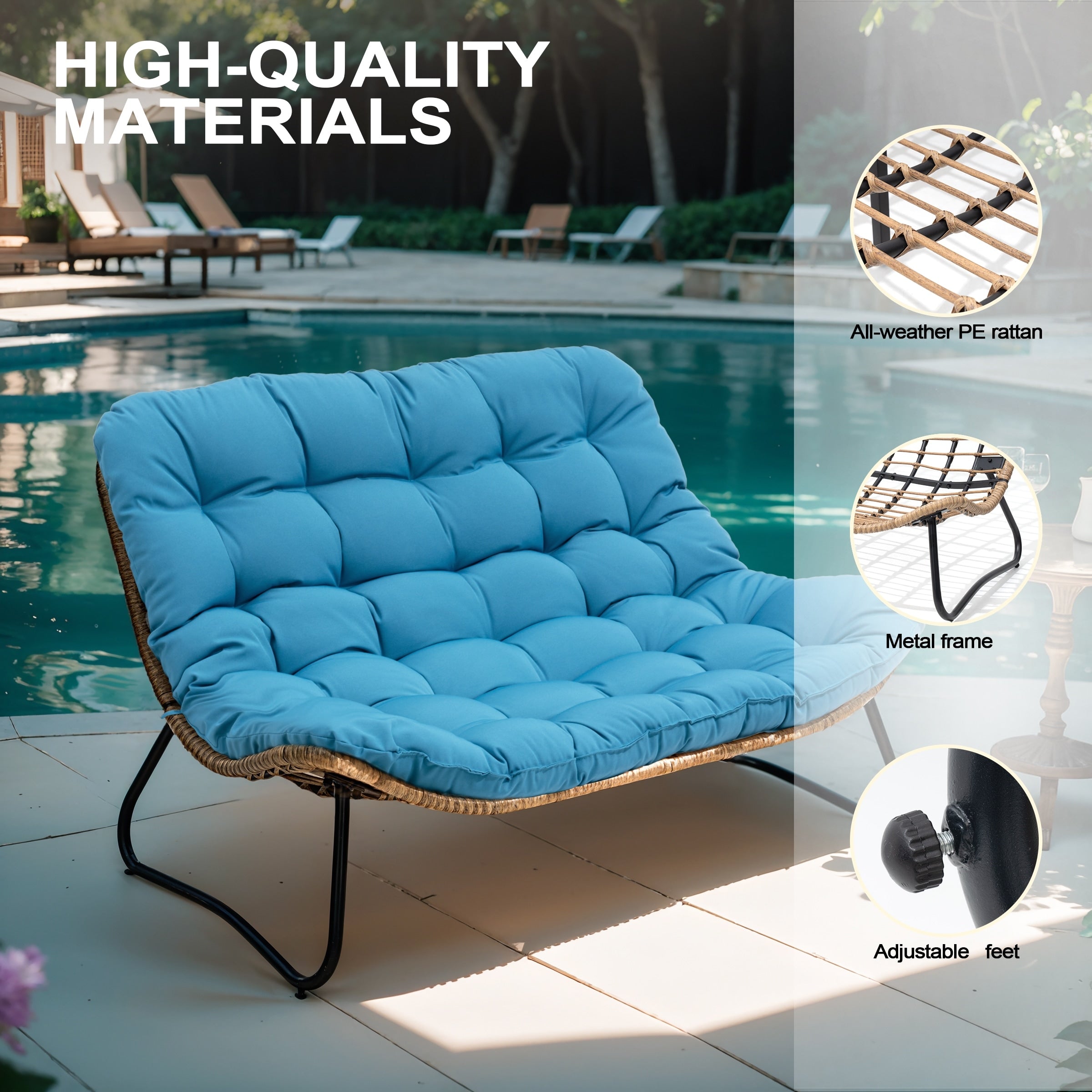 Fauteuil Papasan double avec coussin, rotin PE toutes saisons et cadre en métal pour intérieur et extérieur
