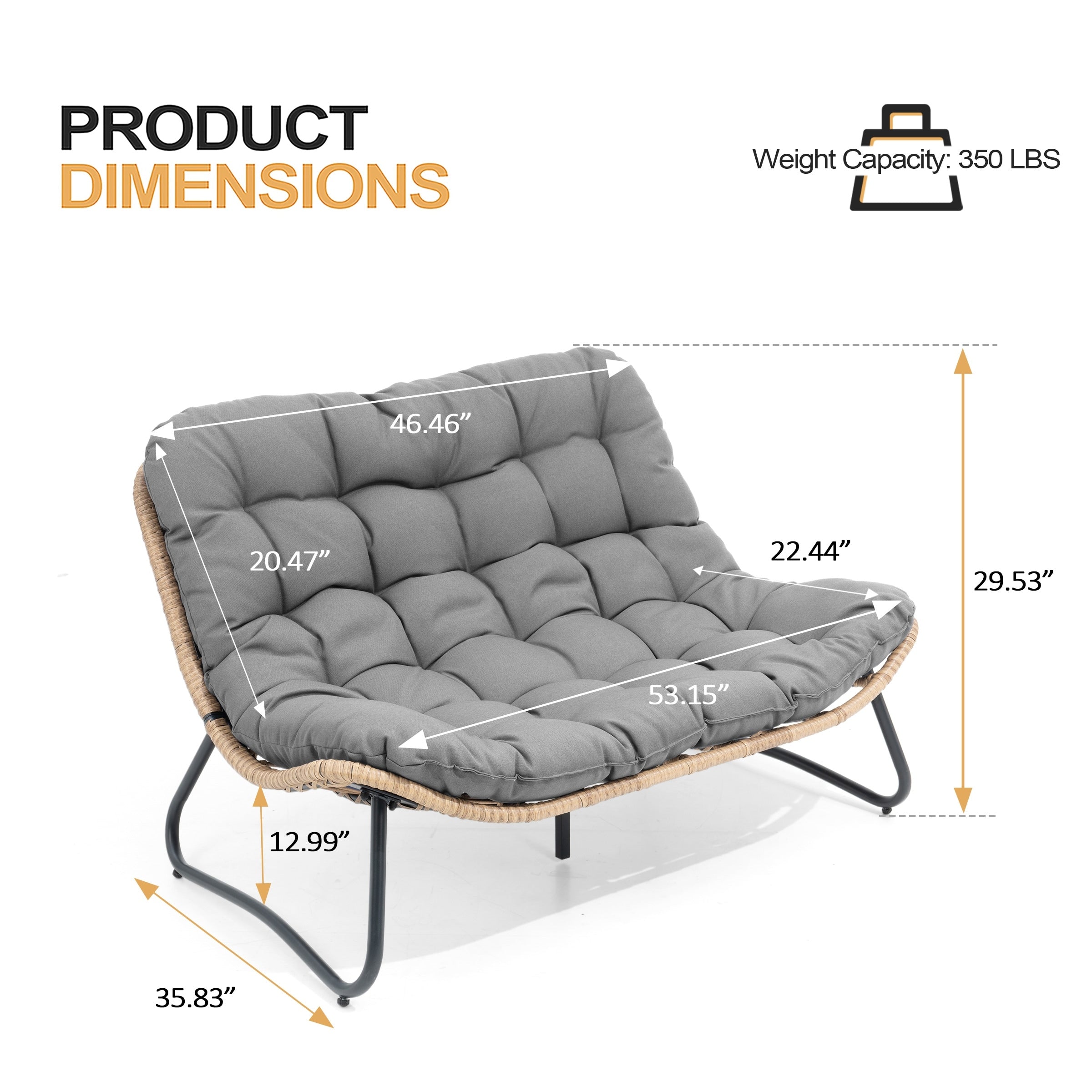 Fauteuil Papasan double avec coussin, rotin PE toutes saisons et cadre en métal pour intérieur et extérieur