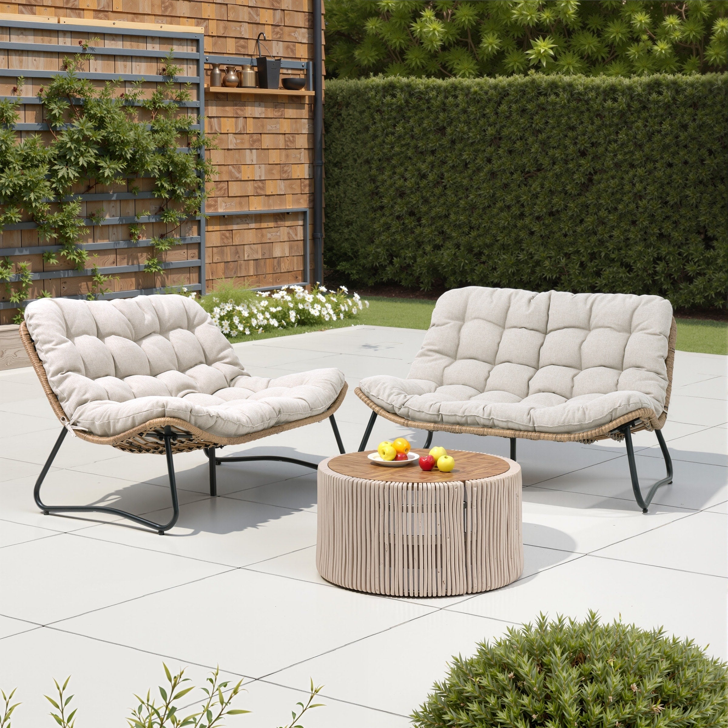 Fauteuil Papasan double avec coussin, rotin PE toutes saisons et cadre en métal pour intérieur et extérieur