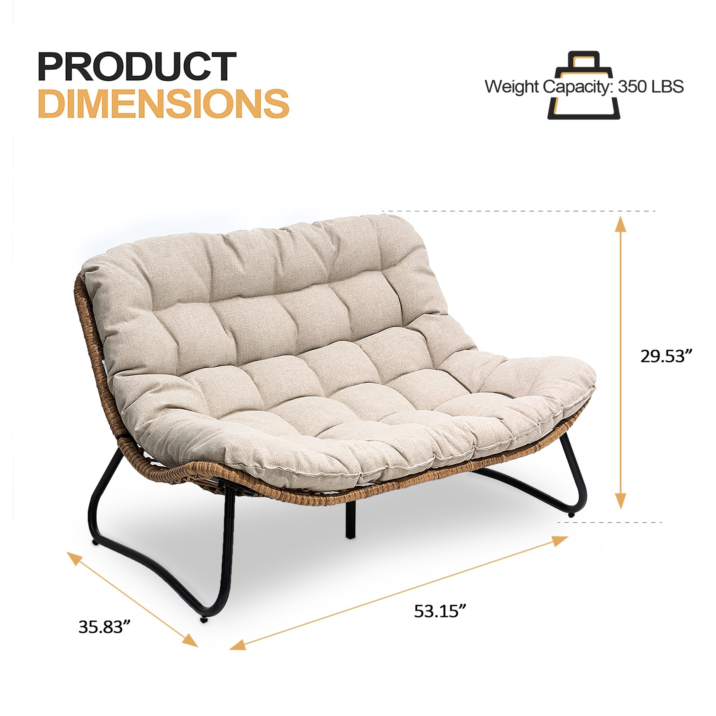 Fauteuil Papasan double avec coussin, rotin PE toutes saisons et cadre en métal pour intérieur et extérieur