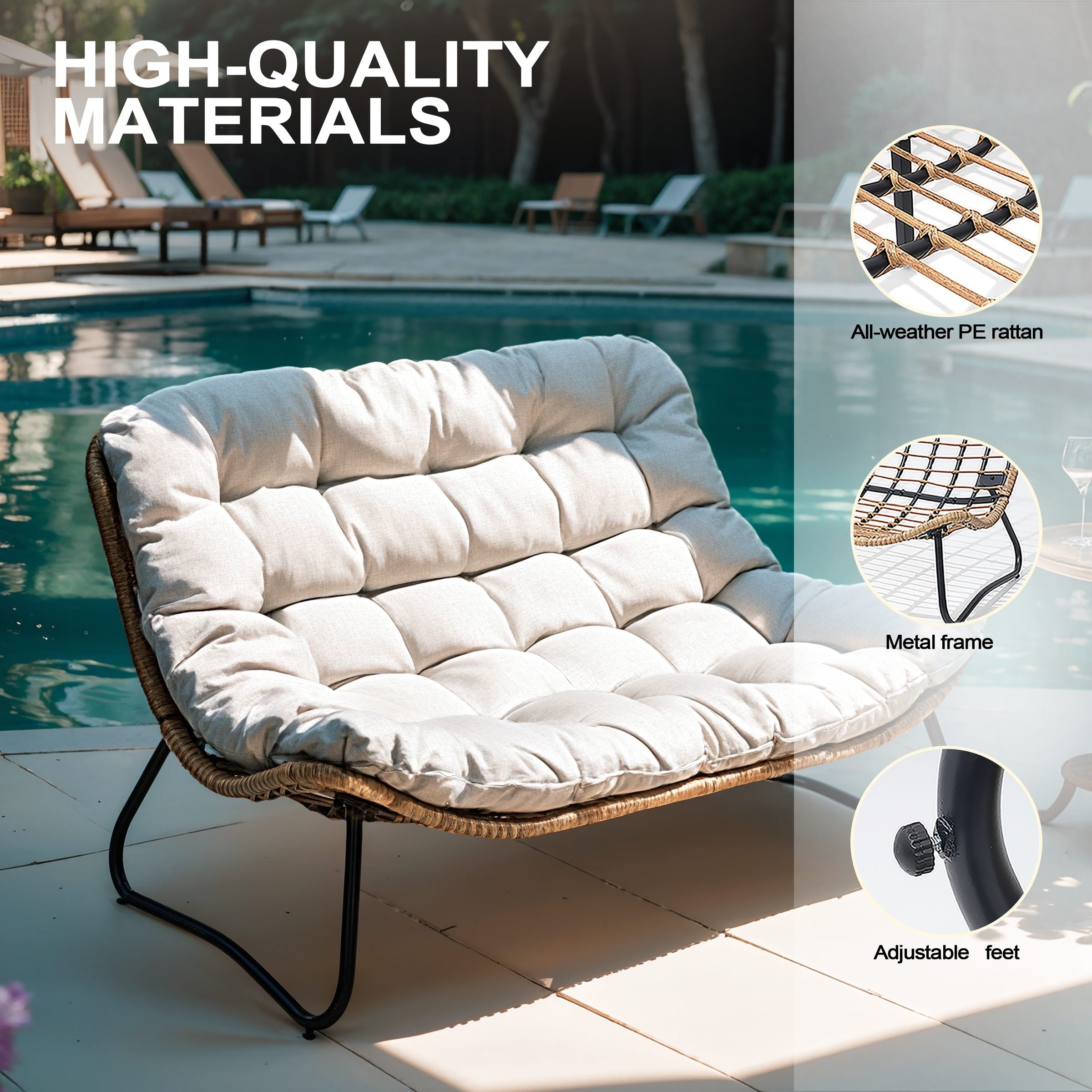 Fauteuil Papasan double avec coussin, rotin PE toutes saisons et cadre en métal pour intérieur et extérieur