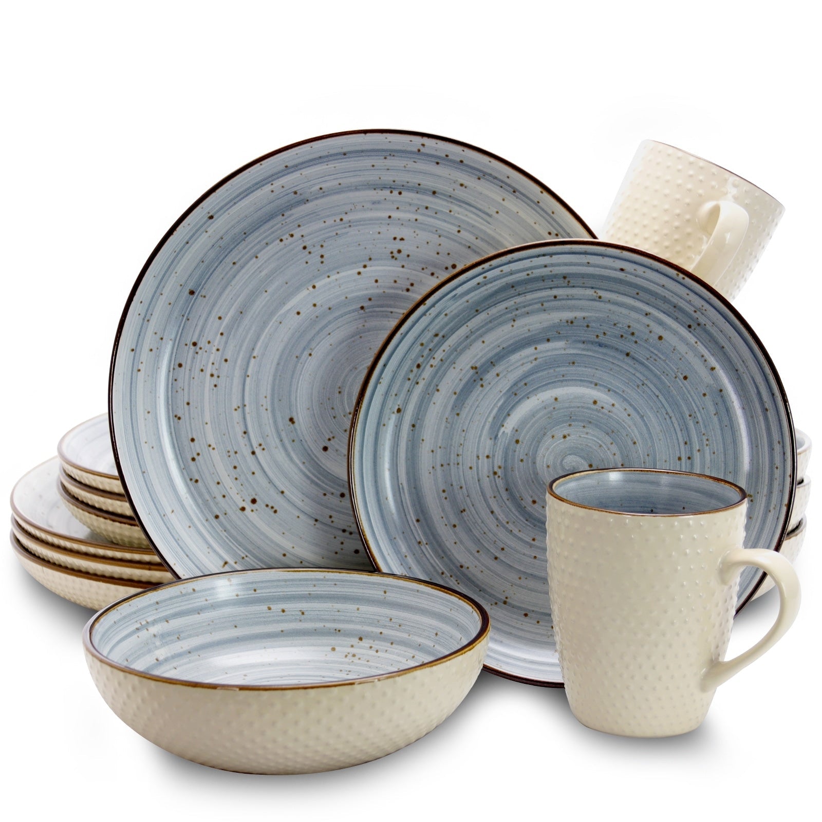 Service de table bicolore Elama 16 pièces à pois en relief, bleu poudre