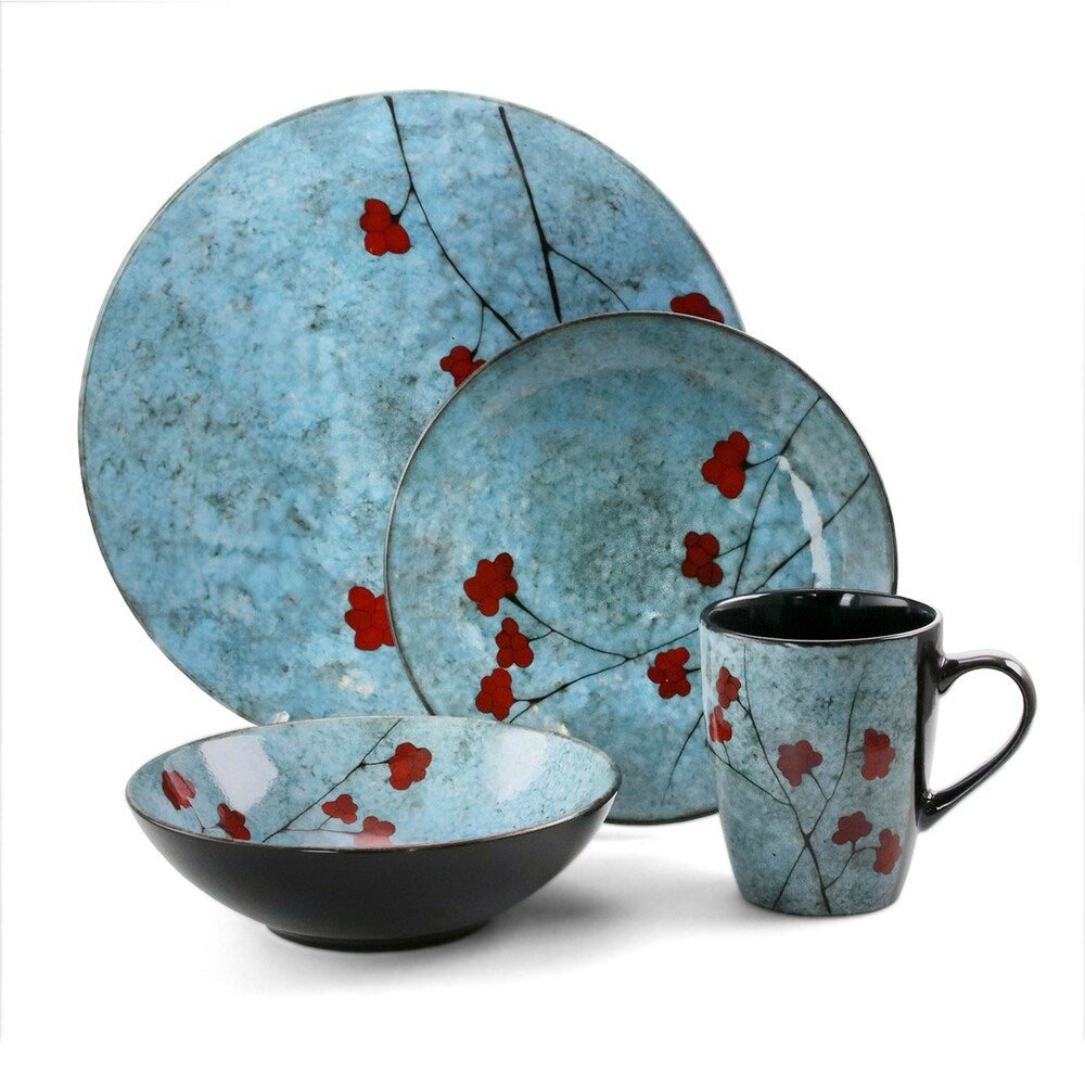 Service de table Elama Floral Accents 16 pièces en grès bleu