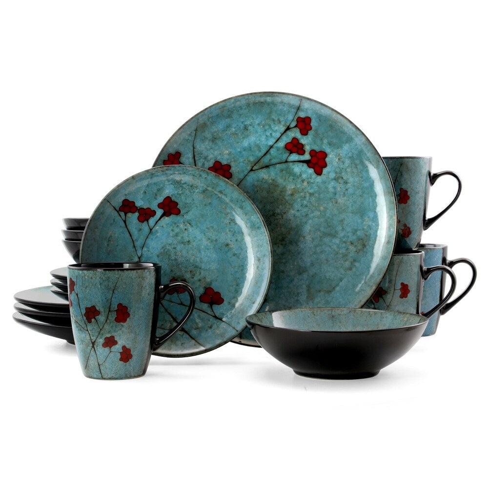 Service de table Elama Floral Accents 16 pièces en grès bleu