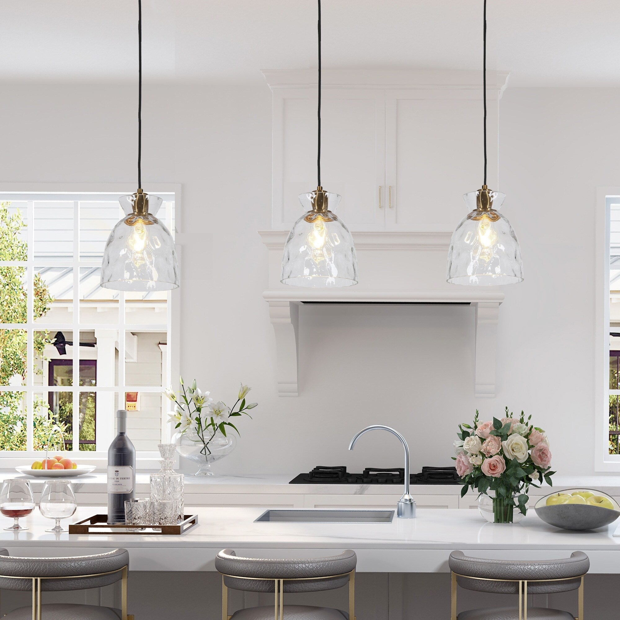 Suspension moderne du milieu du siècle Elisie à 1 ampoule en verre martelé avec dôme en cascade pour cuisine, îlot de cuisine, salle à manger