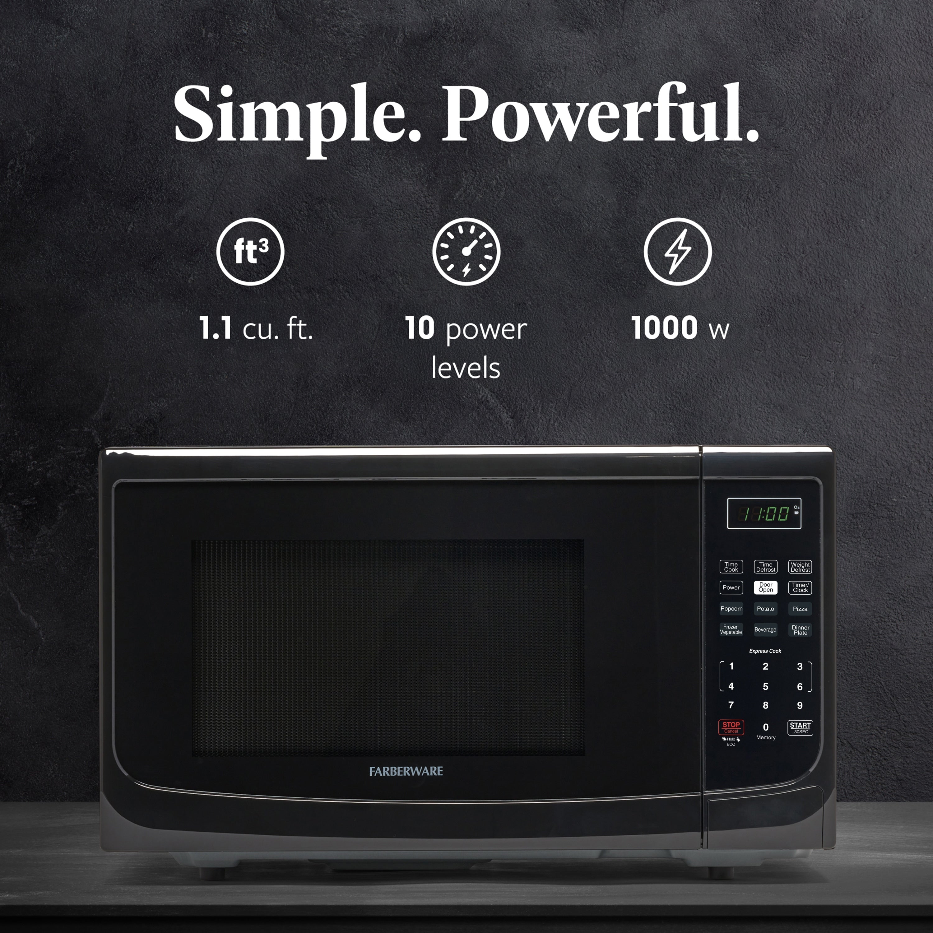 Four à micro-ondes de comptoir Farberware de 1 000 W et 1,1 pi³ avec éclairage LED et verrouillage enfant
