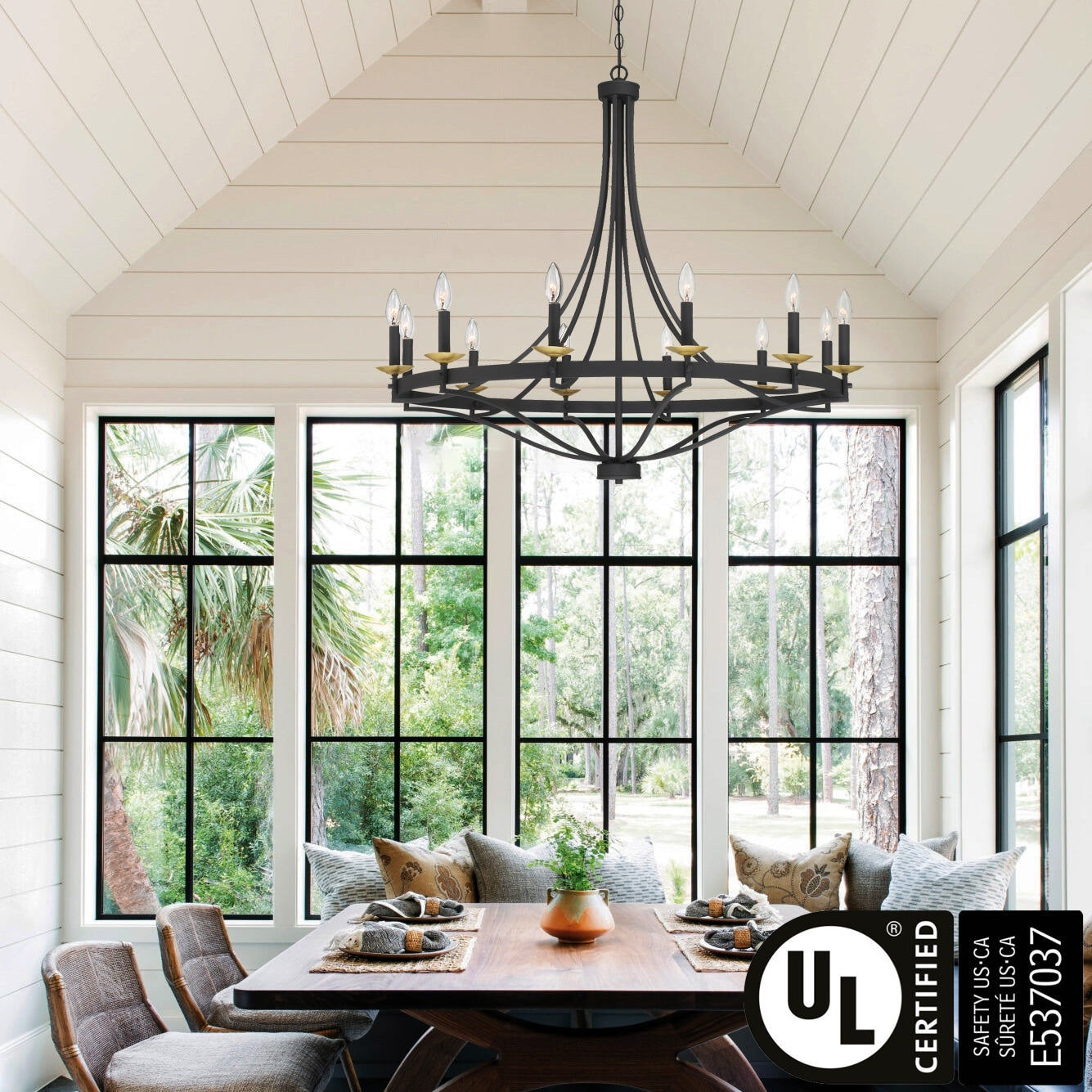 Lustre Empire à 12 lumières de style ferme moderne Fidenza avec roue de chariot et UL - D40'' * H135''
