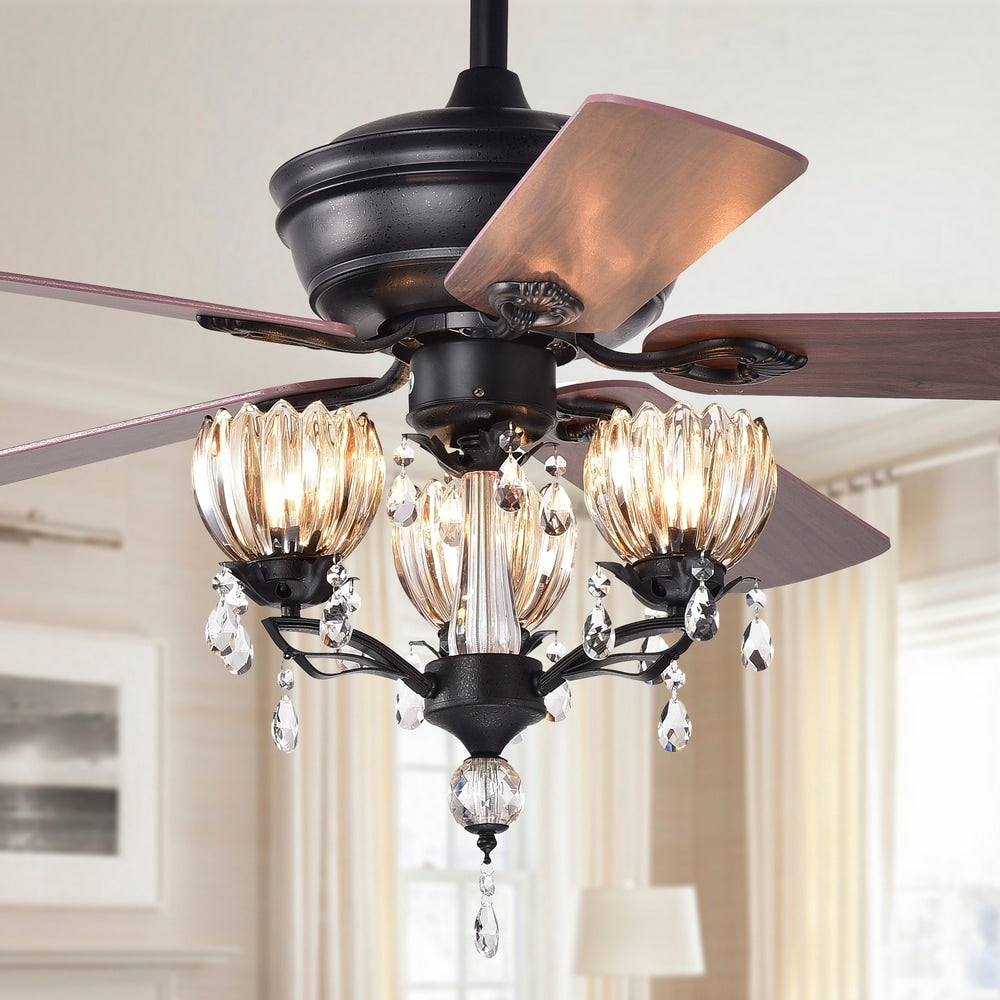 Ventilateur de plafond Garlow noir mat à 5 pales avec lustre en cristal et coupelles en forme de fleurs (télécommande incluse) - 52 pouces de diamètre