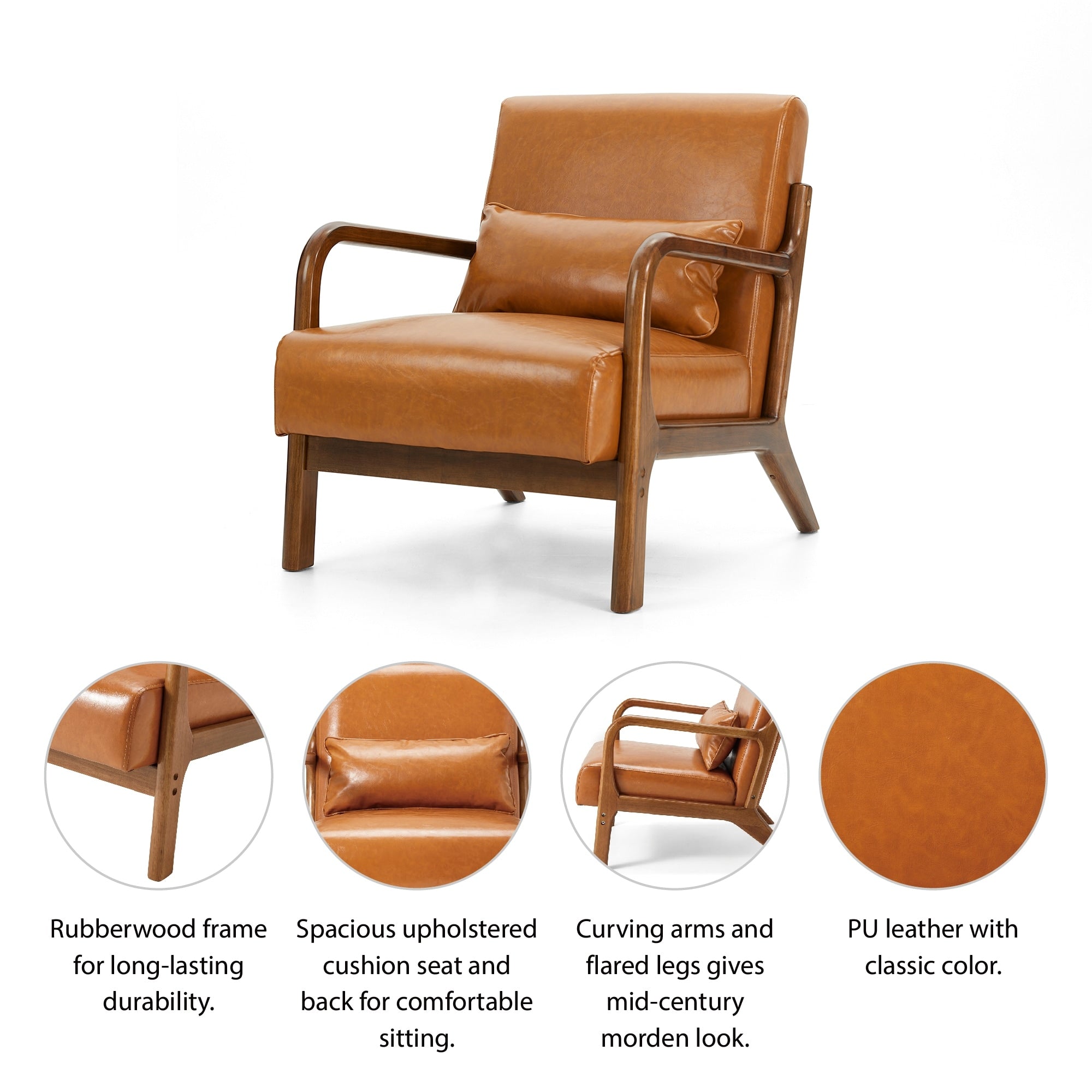 Fauteuil d'appoint moderne en cuir synthétique Glitzhome 30,75 po de hauteur, style milieu de siècle, avec coussin – 25,75 po de largeur x 33,75 po de profondeur x 30,75 po de hauteur