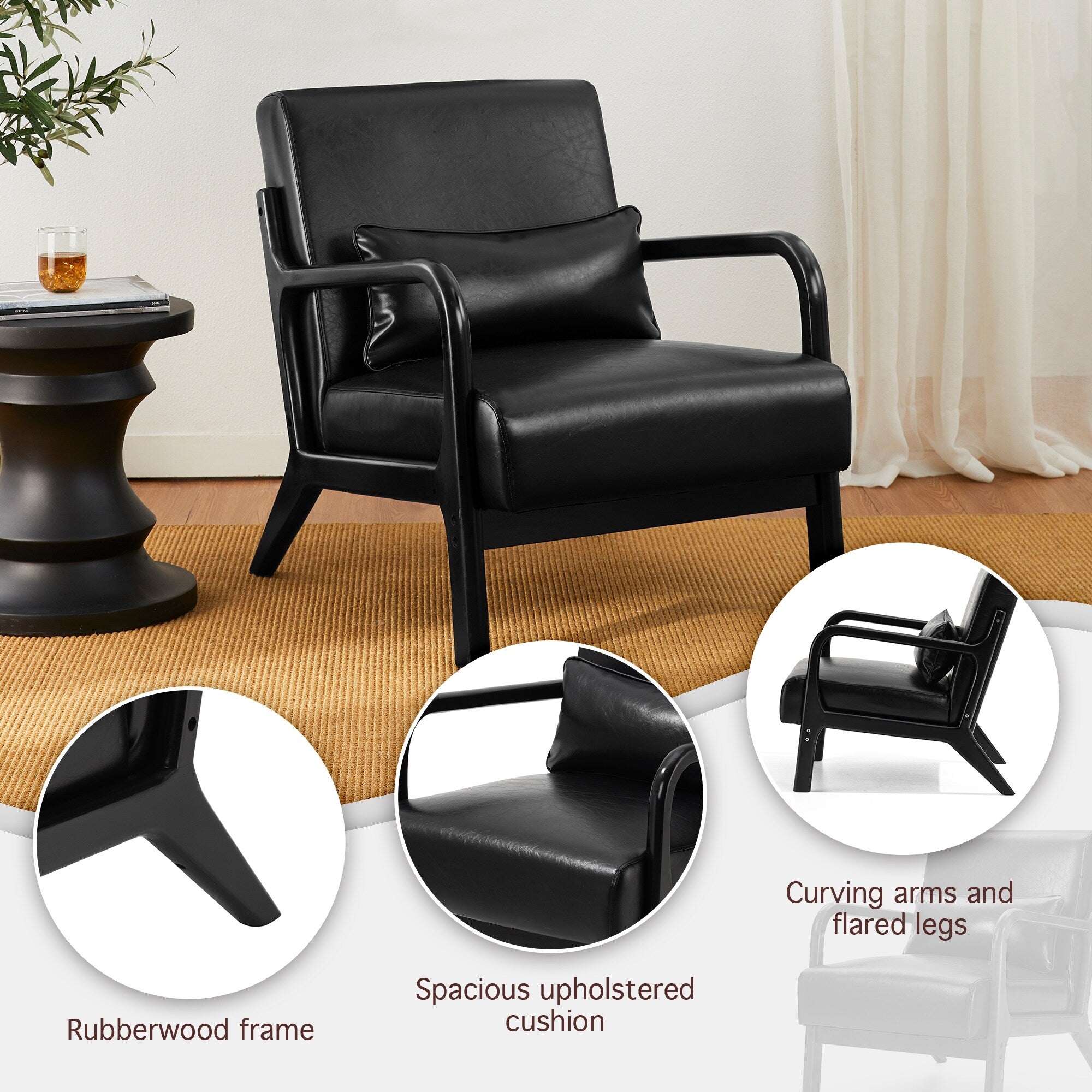 Fauteuil d'appoint moderne en cuir synthétique Glitzhome 30,75 po de hauteur, style milieu de siècle, avec coussin – 25,75 po de largeur x 33,75 po de profondeur x 30,75 po de hauteur