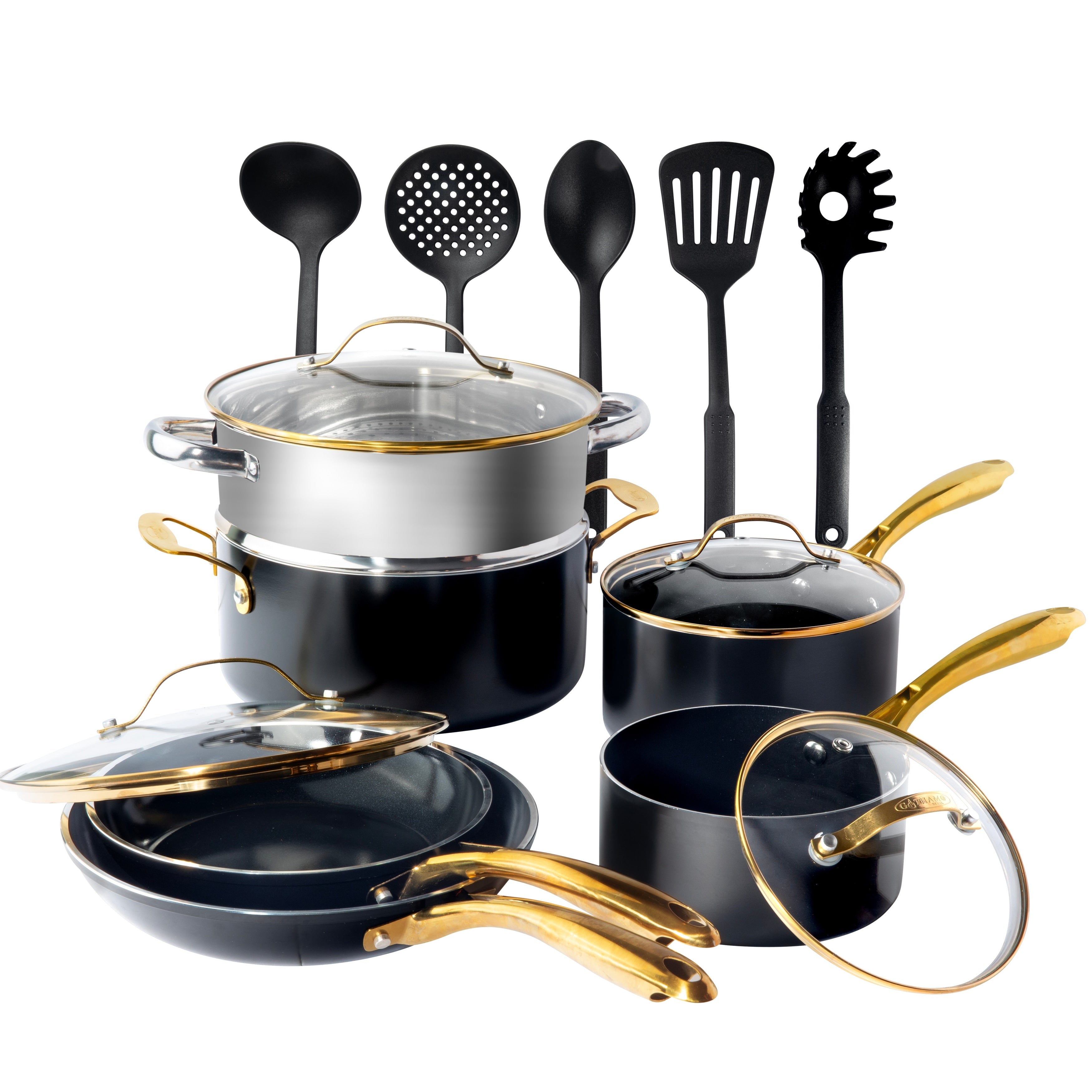 Batterie de cuisine antiadhésive en céramique noire Gotham Steel, 15 pièces, avec ustensiles