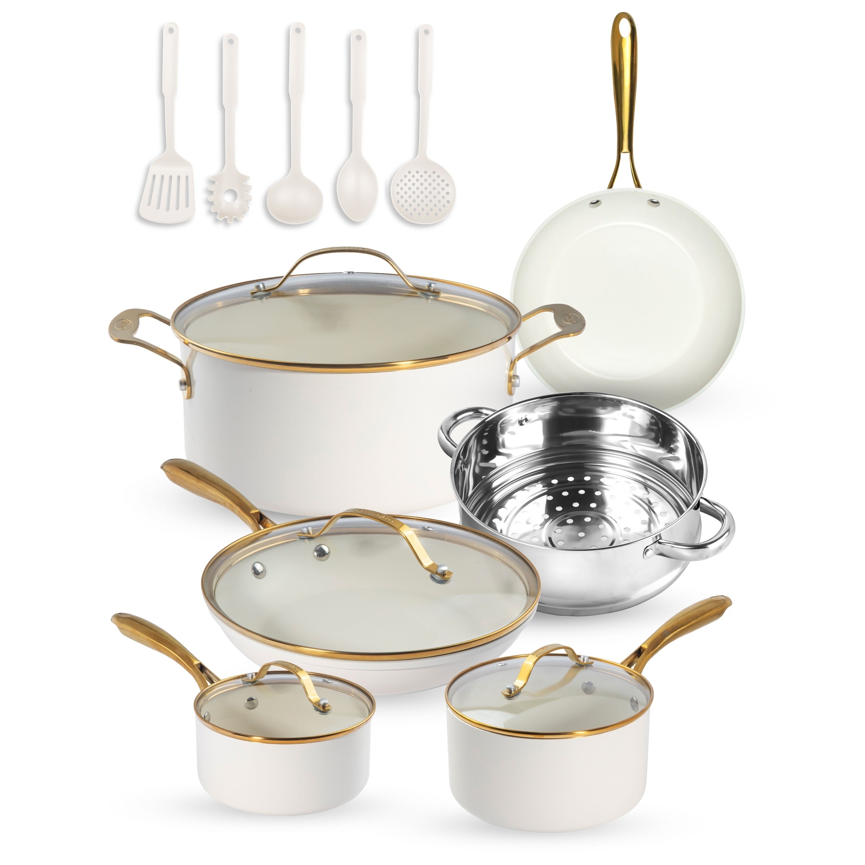 Batterie de cuisine antiadhésive en céramique Gotham Steel Cream, 15 pièces, avec ustensiles