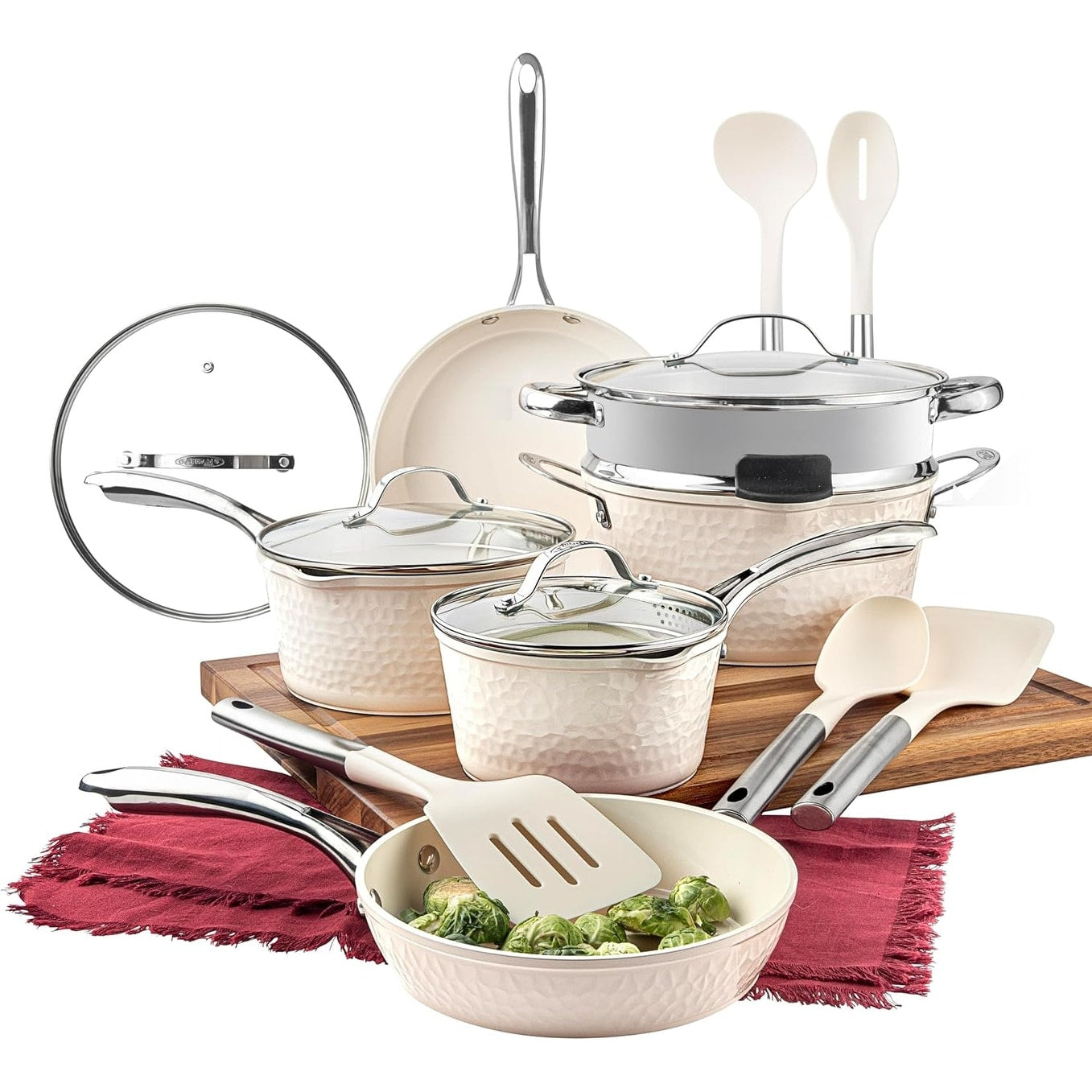 Batterie de cuisine antiadhésive en céramique ultra-résistante Gotham Steel Hammered Cream, 15 pièces, avec ustensiles