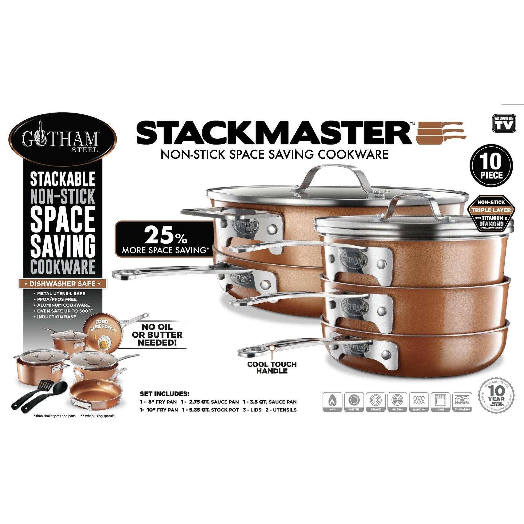 Batterie de cuisine antiadhésive Gotham Steel, 10 pièces, cuivre