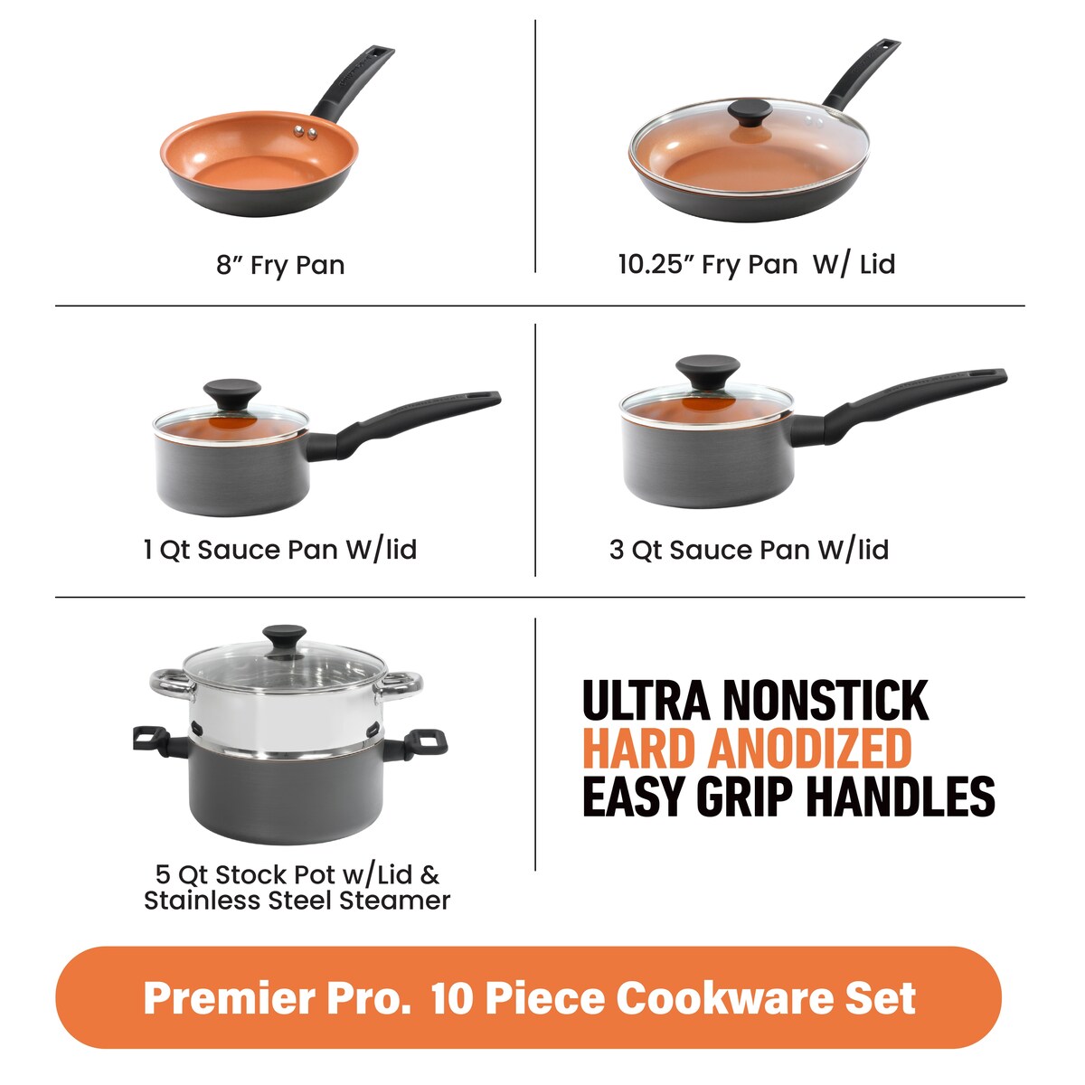 Batterie de cuisine antiadhésive anodisée dure Gotham Steel Pro Premier 10 pièces