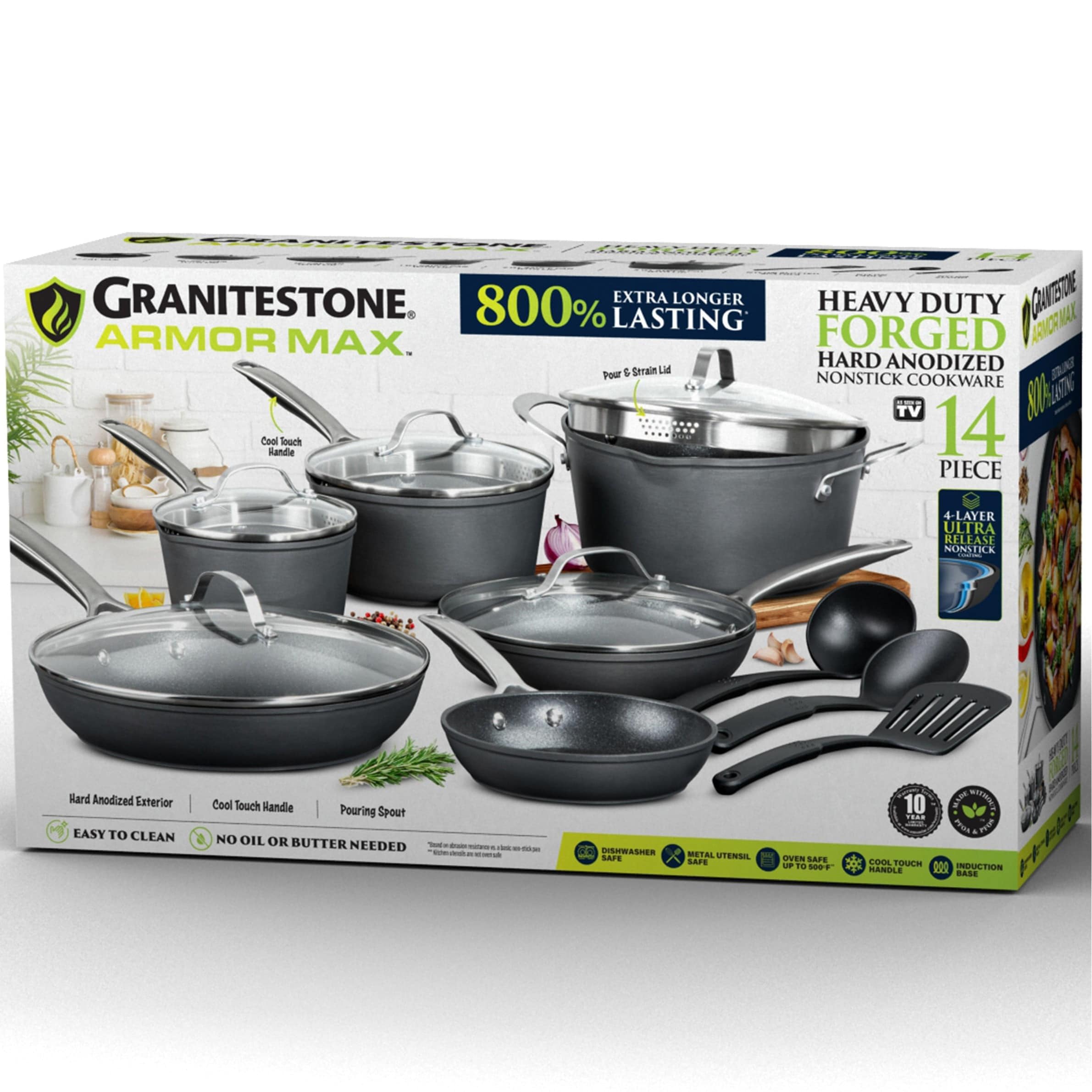 Batterie de cuisine anodisée dure Granitestone Armor Max 14 pièces
