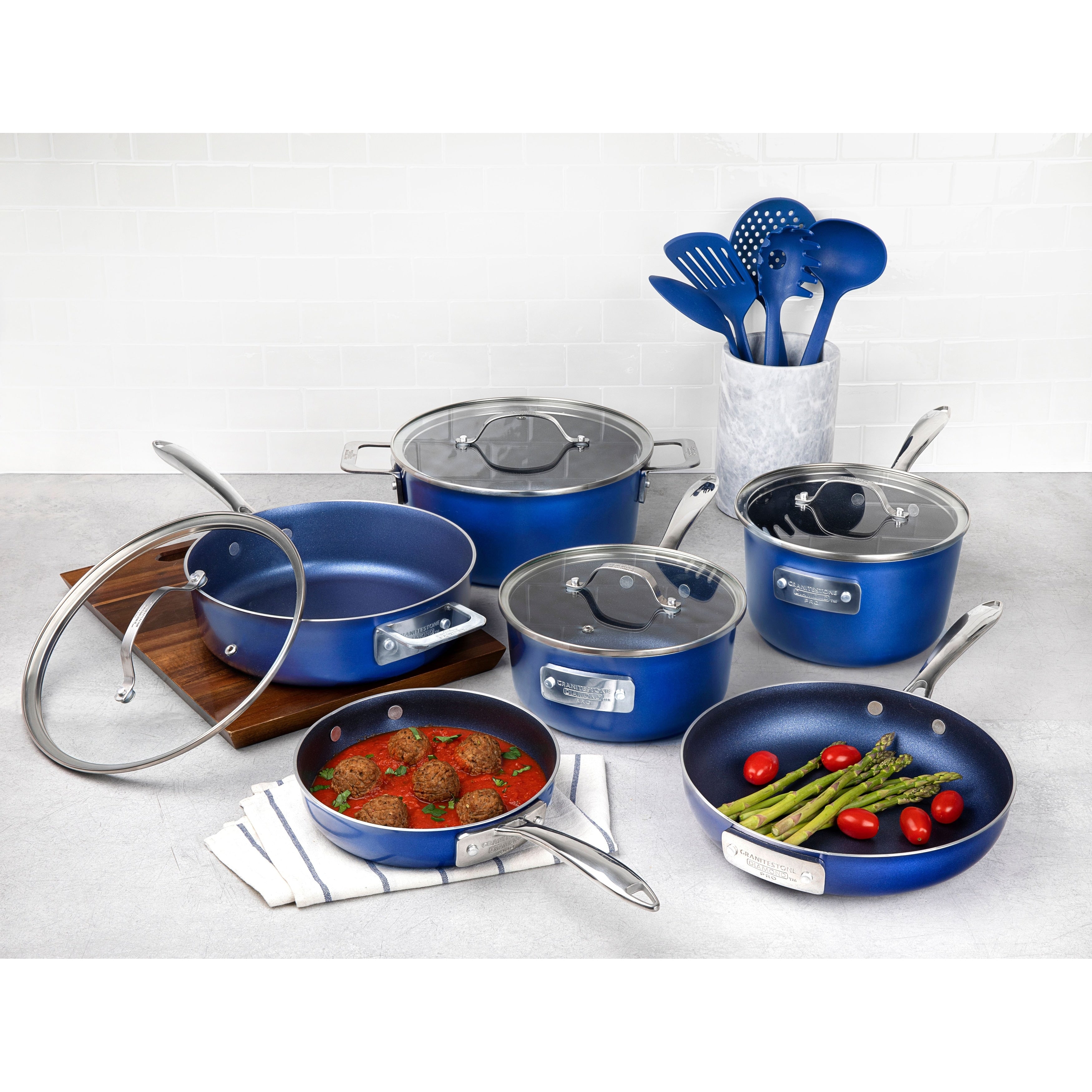 Batterie de cuisine antiadhésive Stackmaster Granitestone Blue 15 pièces avec couvercles en verre