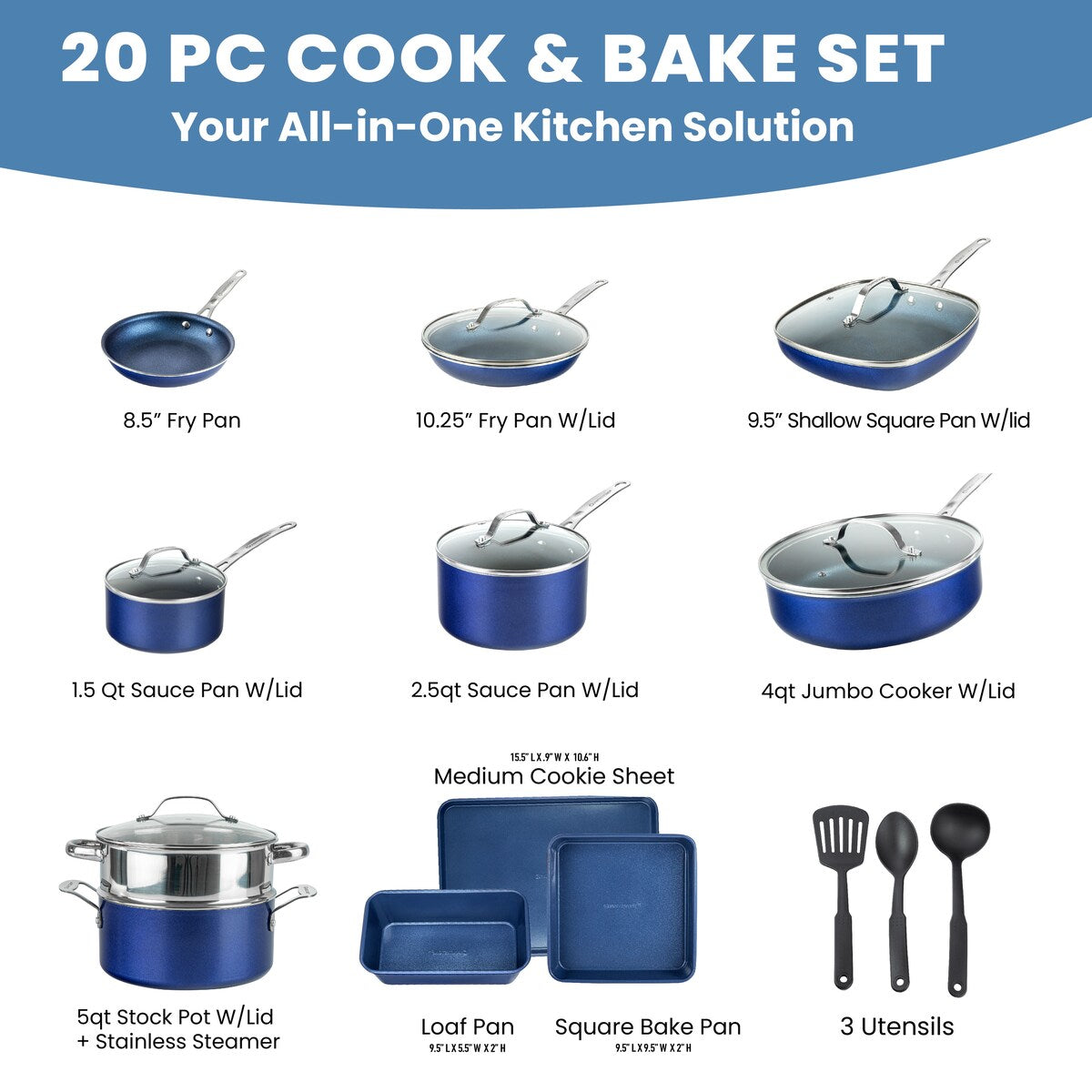 Batterie de cuisine antiadhésive Granitestone Blue 20 pièces