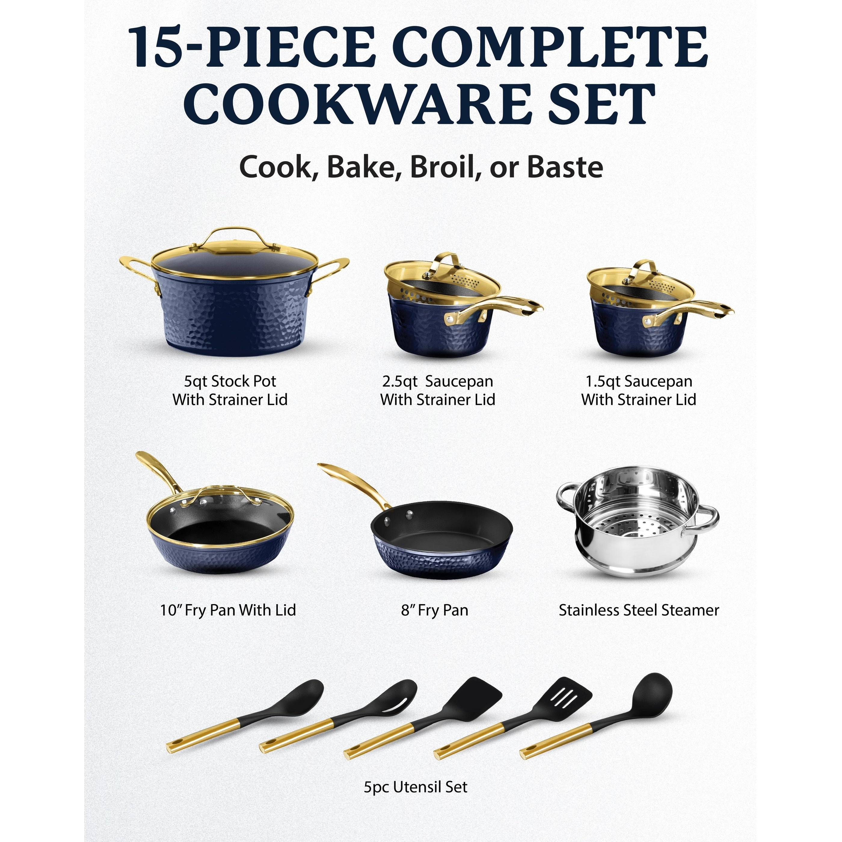 Batterie de cuisine antiadhésive martelée Granitestone Charleston 15 pièces