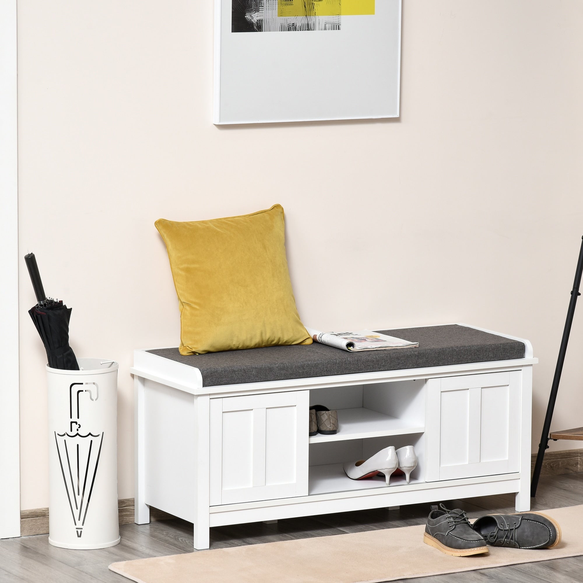 Banc à chaussures d'entrée HOMCOM avec rangement ottoman et étagères réglables, 6 compartiments et assise rembourrée, blanc/gris