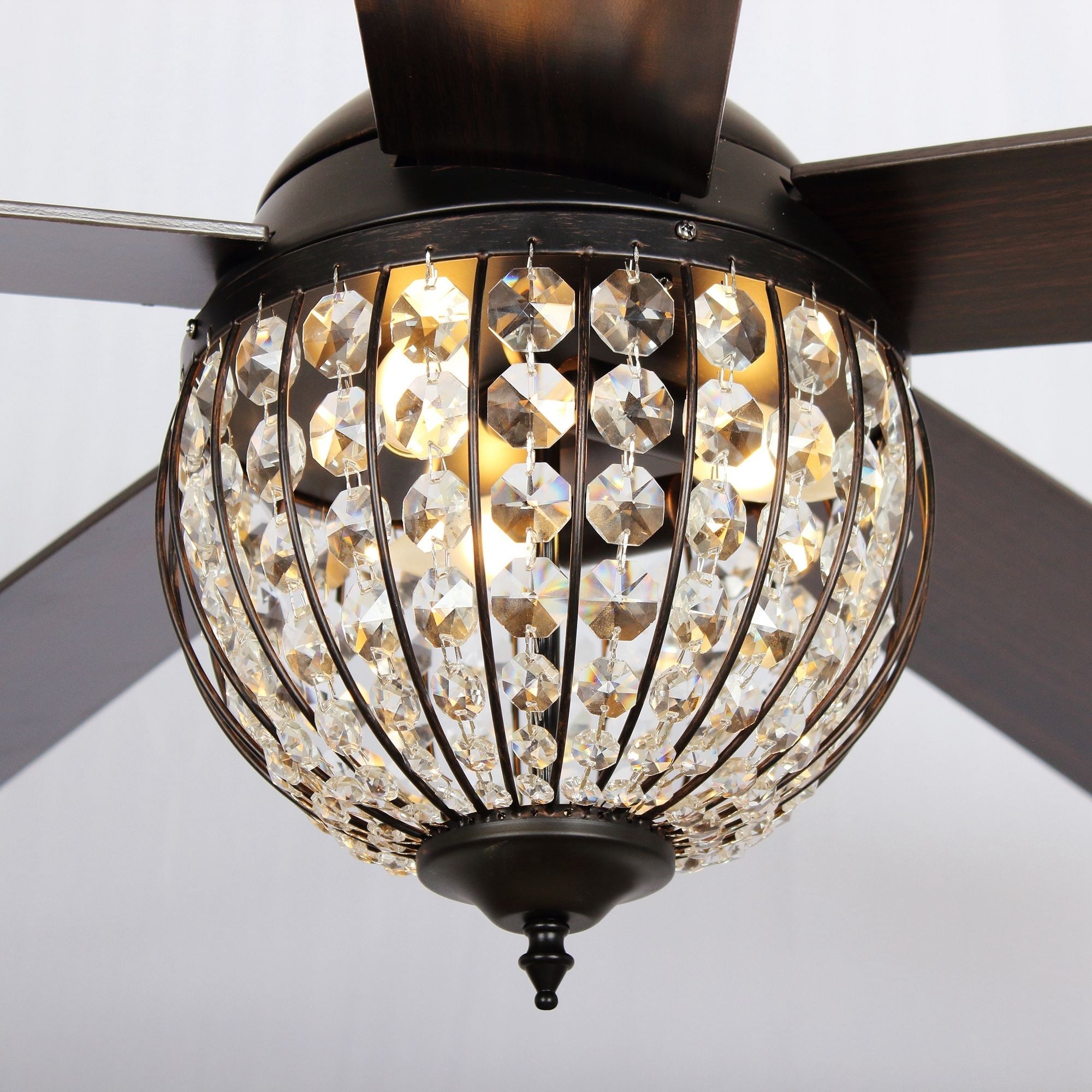 Ventilateur de plafond industriel en bois noir à 5 pales et cristal avec télécommande