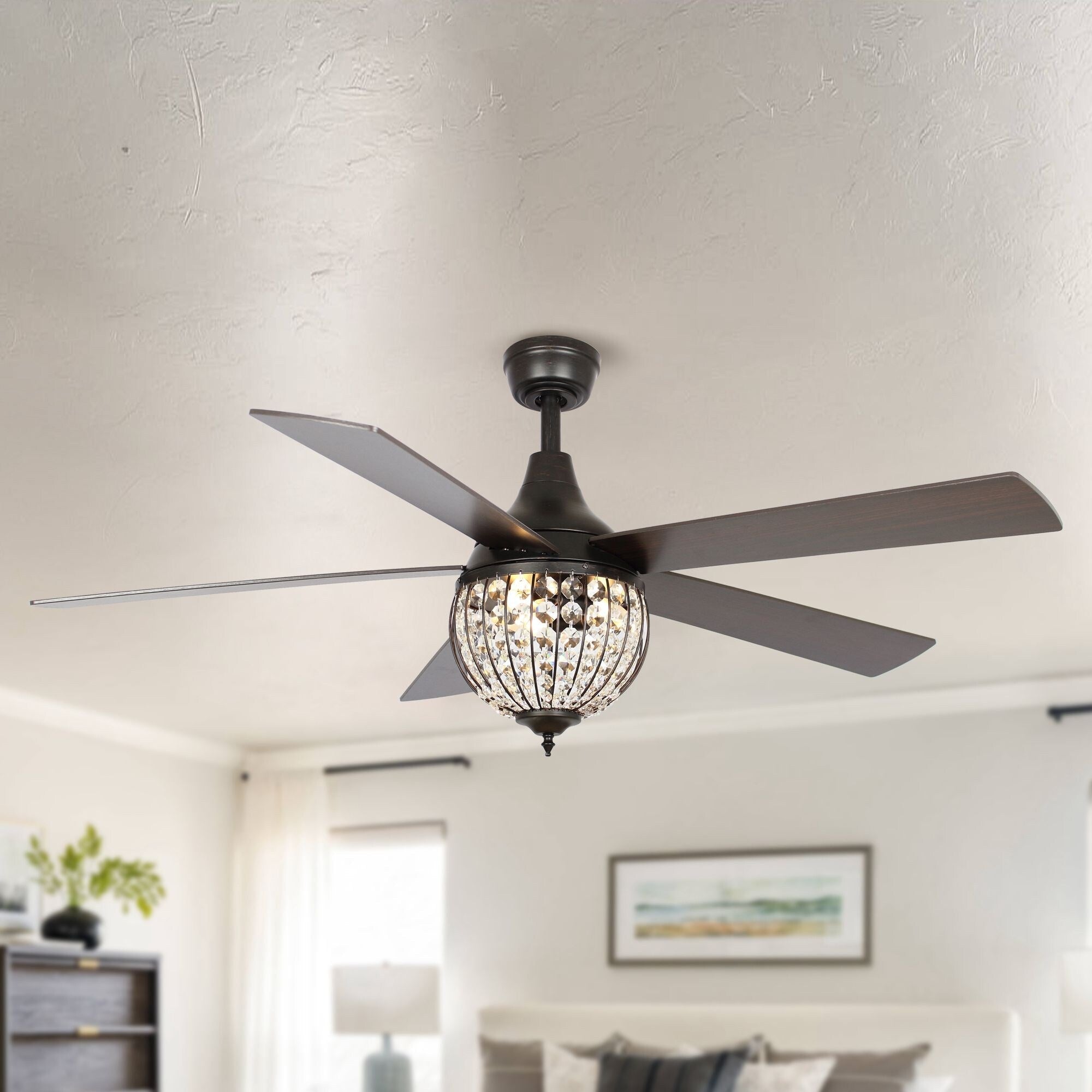 Ventilateur de plafond industriel en bois noir à 5 pales et cristal avec télécommande