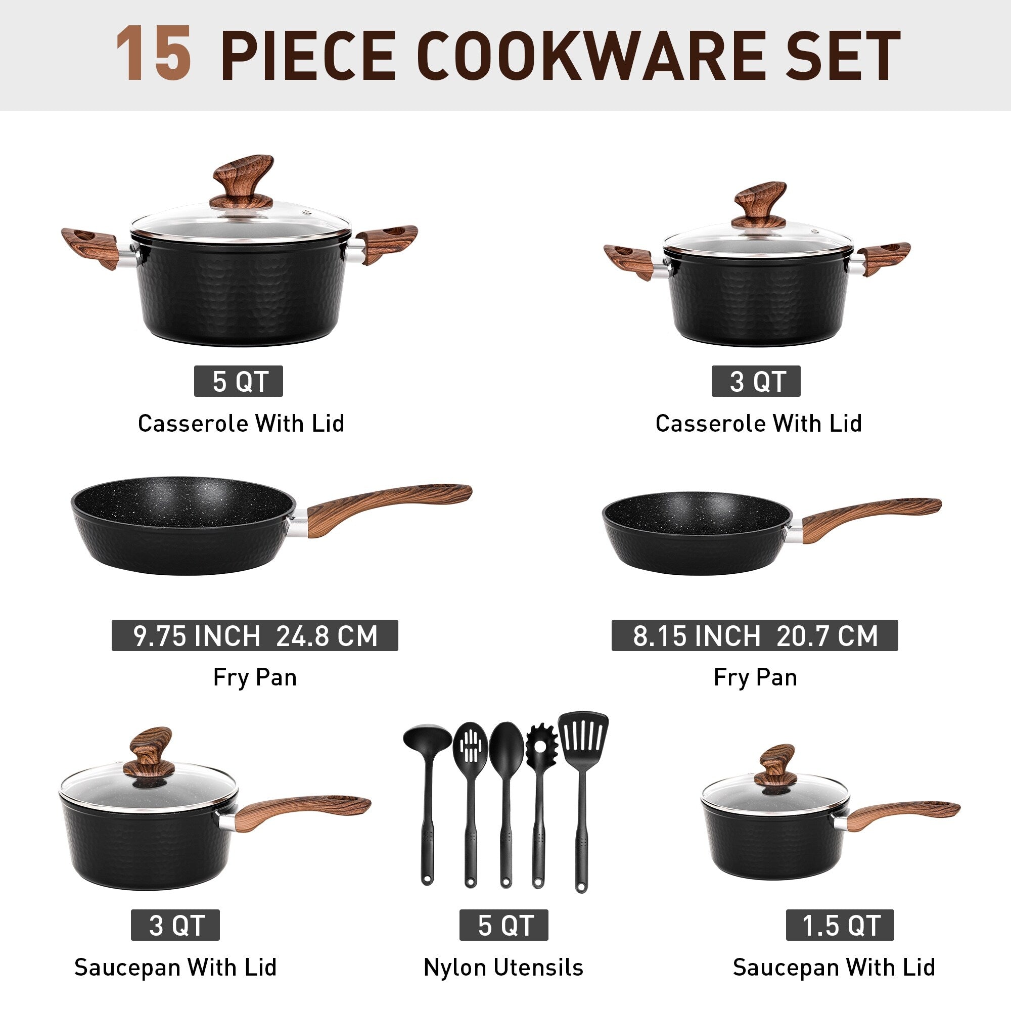 Batterie de cuisine antiadhésive de 15 pièces avec revêtement en granit Kitchen Academy