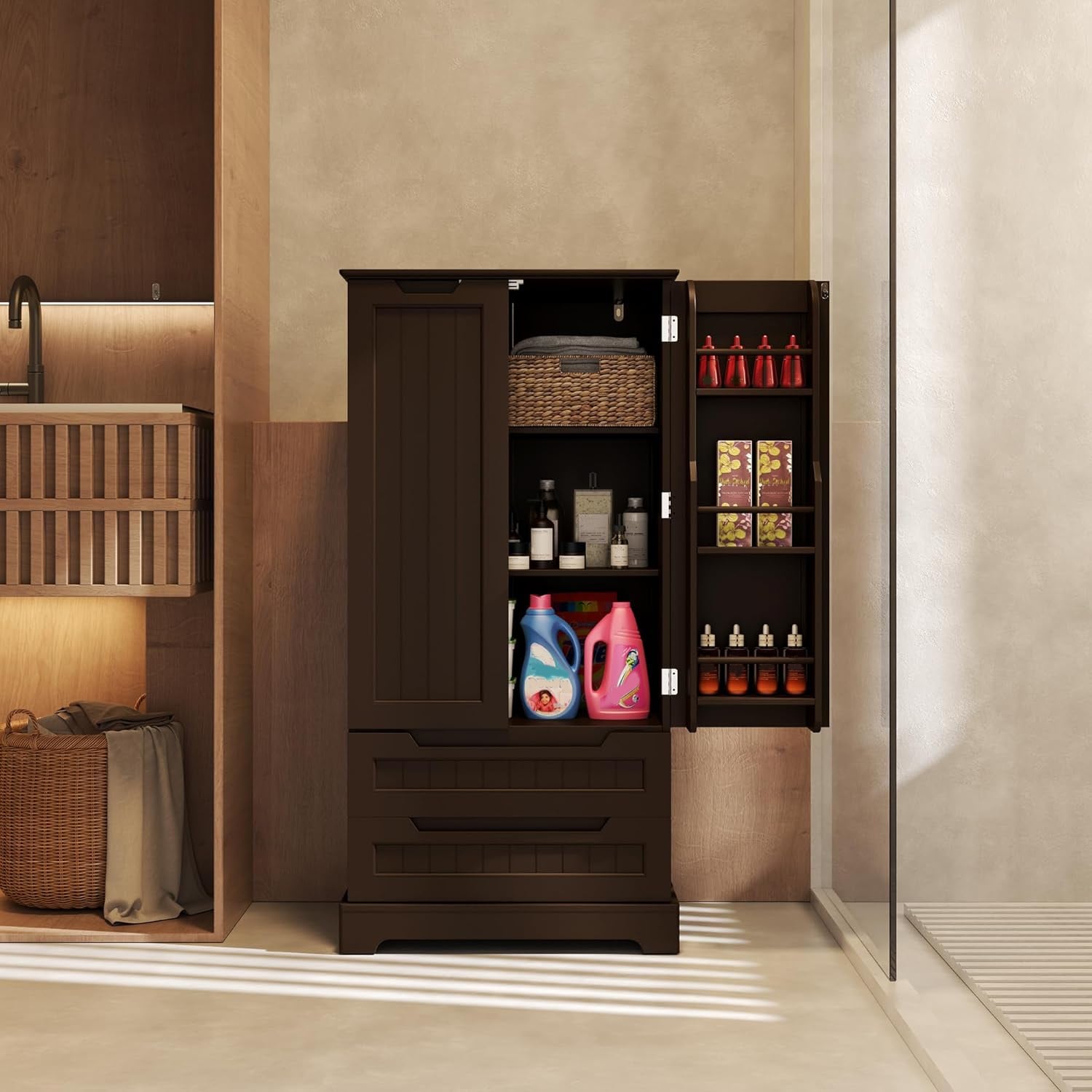 Armoire de rangement pour cuisine, armoire de rangement pour salle de bain indépendante avec 2 portes et tiroirs