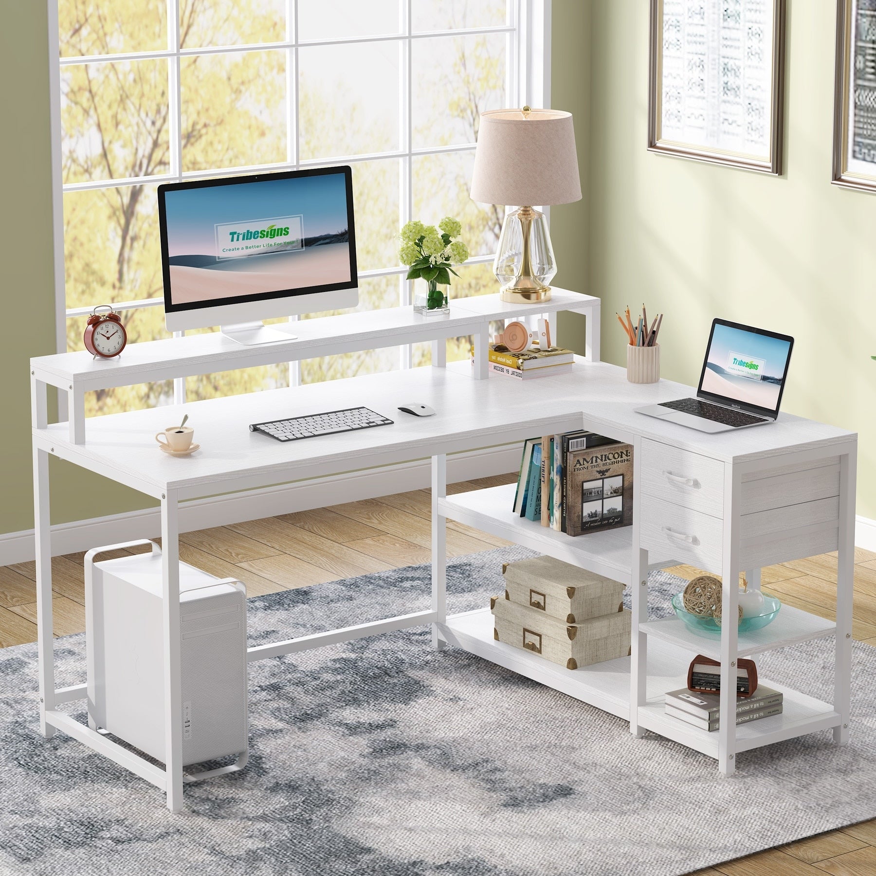 Bureau en L avec tiroir, bureau d'angle avec étagères de rangement et support d'écran, bureau PC rustique pour petits espaces