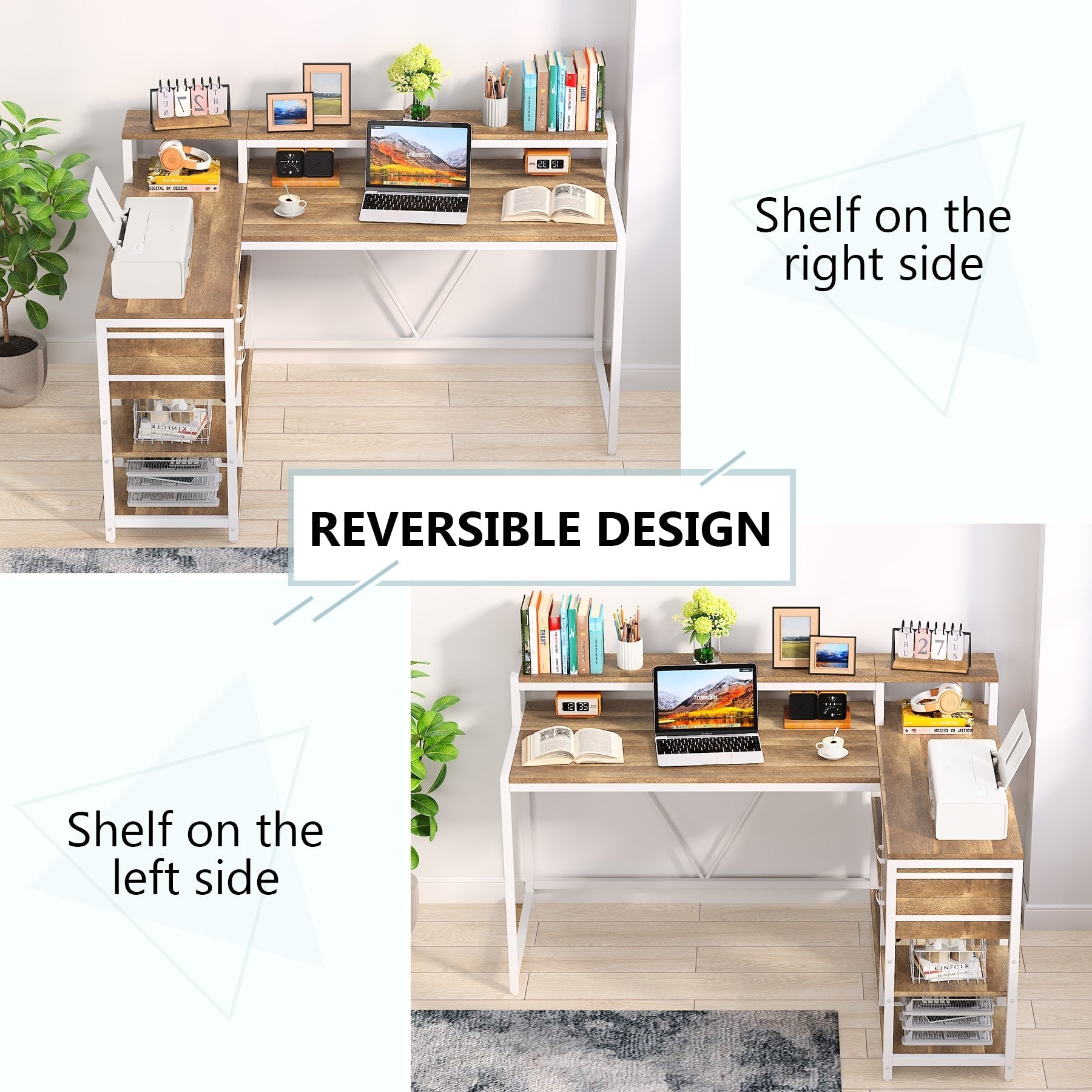 Bureau en L avec tiroir, bureau d'angle avec étagères de rangement et support d'écran, bureau PC rustique pour petits espaces