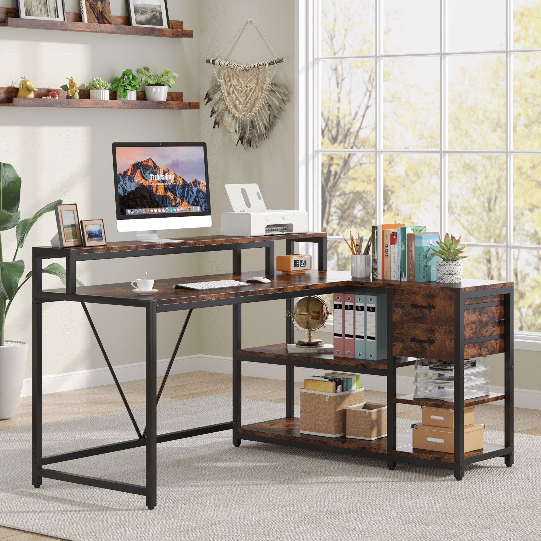 Bureau en L avec tiroir, bureau d'angle avec étagères de rangement et support d'écran, bureau PC rustique pour petits espaces