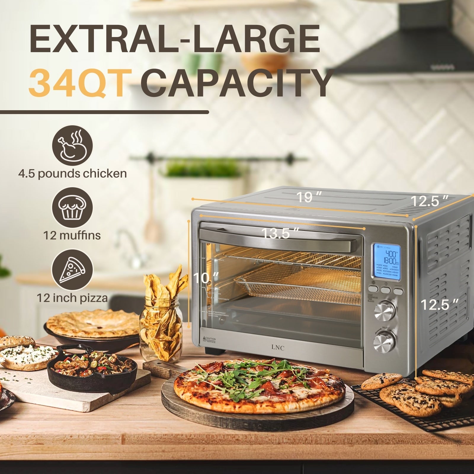 Four grille-pain de comptoir LNC 12 en 1 de grande capacité (34 pintes), convection, rôtissoire et friteuse à air - 19,5 L x 15 l x 12,5 H