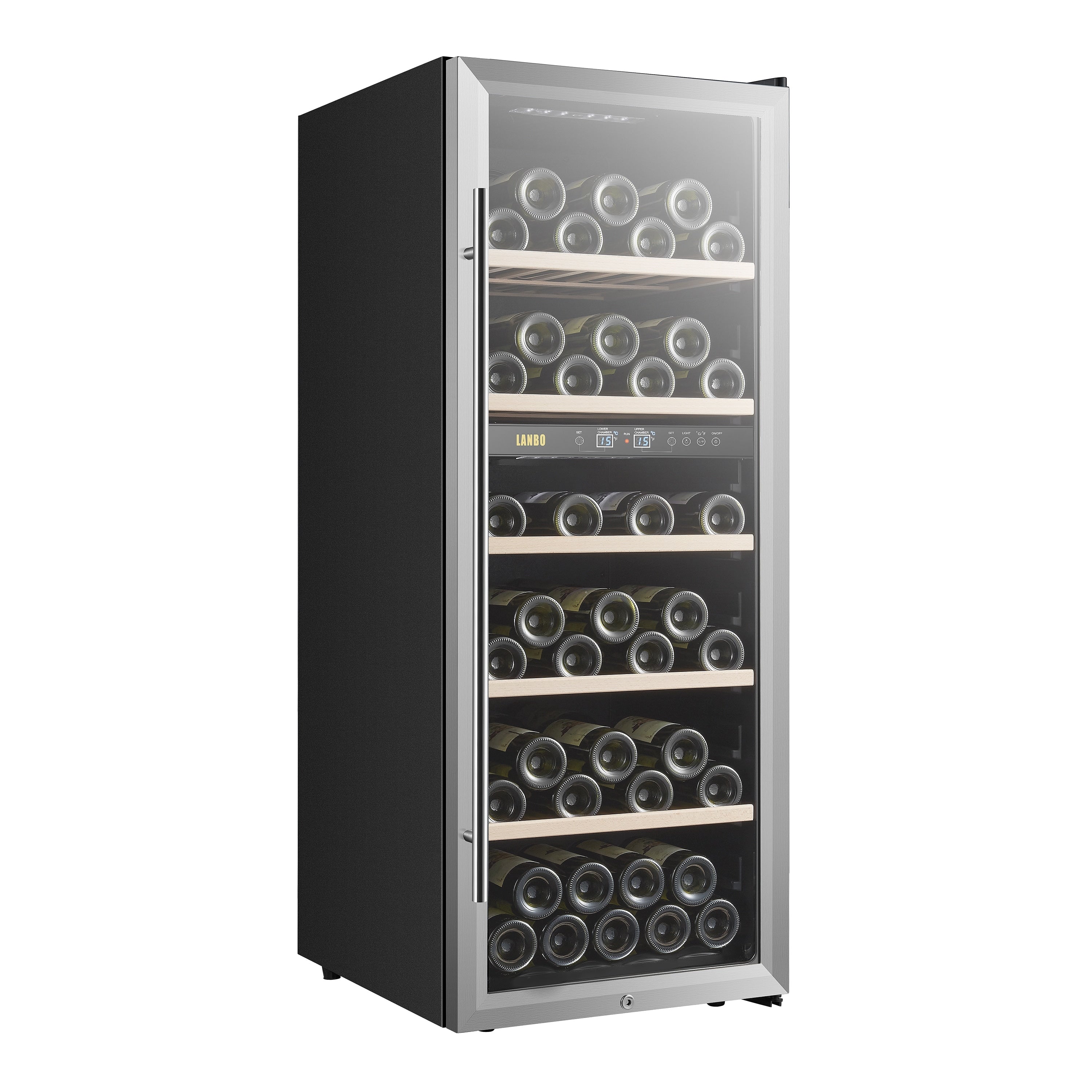 Réfrigérateur à vin autonome Lanbo 20 pouces, 64 bouteilles, double zone, porte vitrée avec garniture en acier inoxydable et deux serrures de sécurité.