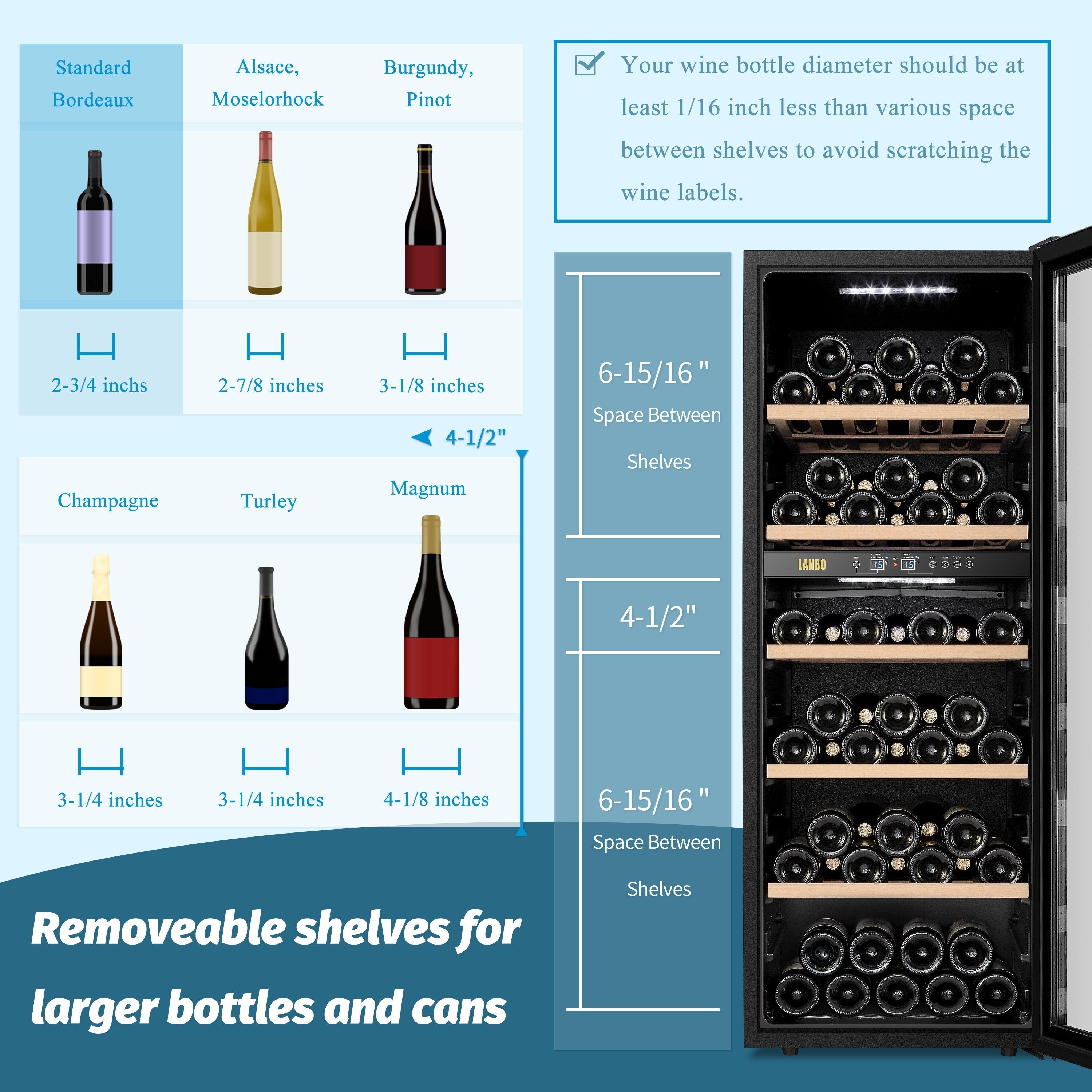 Réfrigérateur à vin autonome Lanbo 20 pouces, 64 bouteilles, double zone, porte vitrée avec garniture en acier inoxydable et deux serrures de sécurité.