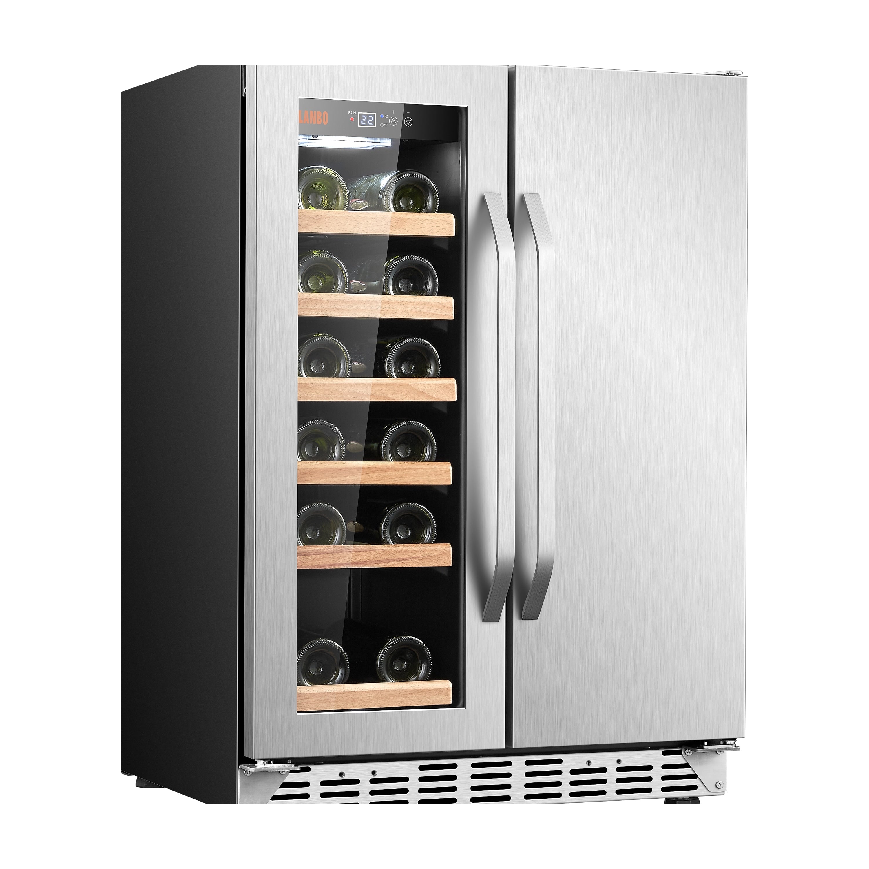 Réfrigérateur Lanbo 24 pouces à double zone, 18 bouteilles de vin et 55 canettes de boissons, en acier inoxydable et verre, avec porte française